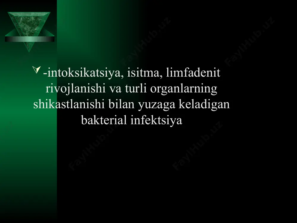 ir birlamchi bubo shakllanishi bilan mintaqaviy limfa tugunlari endotoksin o'limdan keyin chiqariladi. bakteremiya infektsiyani umumlashtirish toksik-allergik reaktsiyani, parenximal organlarning shikastlanishini rivojlantiradi tularemiya granulomasi (bubon) ta'sirlangan ichki organlar va limfa tugunlarida diametri 1-4 mm bo'lgan oq-sariq rangdagi o'ziga xos tulyaremiya granulomalari hosil bo'ladi. mikroskopda granulomalar markazida epiteloid hujayralar va donador leykotsitlar aralashmasi bilan limfoid elementlarning o'qi bilan o'ralgan nekroz joylari mavjud. tashqi ko'rinishida sil kasalligiga o'xshaydi; vaqt o'tishi bilan ular nekrozga uchraydi va biriktiruvchi to'qima bilan almashtiriladi eng jiddiy granulomatoz jarayon mintaqaviy limfa tugunlarida ifodalanadi, bu erda birlamchi limfadenit rivojlanadi. buboning yiringlashi va ochilishi bilan terida uzoq muddatli davolanmaydigan yara hosil bo'ladi. generalizatsiya paytida yuzaga keladigan ikkilamchi bubolarda granulomatoz va nekrotik o'zgarishlar yiringlash bilan birga kelmaydi klinik shakli kirish eshigi va jarayonning lokalizatsiyasi bilan belgilanadi teri, shilliq pardalar va limfa tugunlarining shikastlanishi bilan tulyaremiya bubon bubon yarali koz-bubo anginal-bubon ichki organlarning birlamchi shikastlanishi bilan o'pka qorin bo'shlig’i generalizasilashgan turi tashxisot usullari …