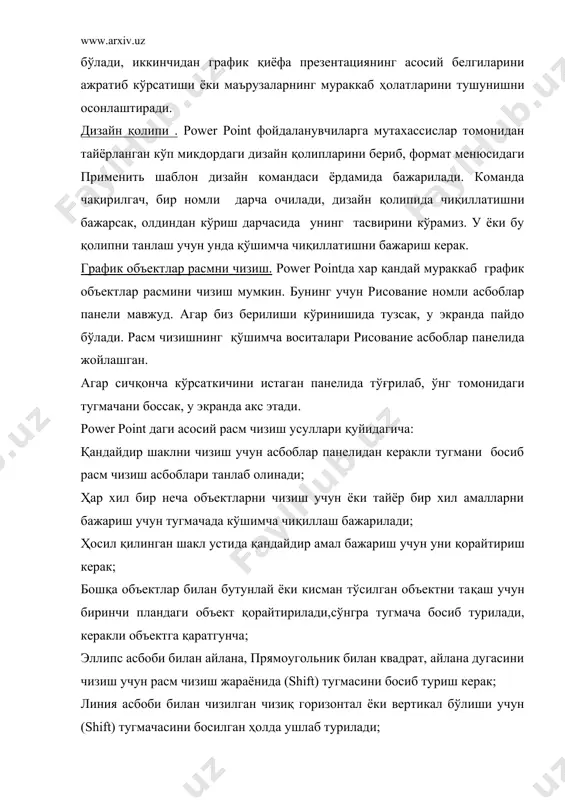ўришимиз мумкин. маълум мавзудаги расмларни кўриш учун разделы рўйхатида уни танлаб олиш керак. расмни слайдга киритиш учун унда қўшалоқ чиқиллашни бажариши керак. унда расм ҳосил бўлгач, биз унинг экрандаги ҳажми ва жойини кўришимиз мумкин. power point аудио ва видеоклипларни презентациялар таркибига кириш имконини беради. бундай имкониятлар билан танишиш махсус аппаратура-видео ва аудио карталар, яхши дисплей ва жуда сифатли акустик система ,аудио ва видеофайллар керак бўлади. power point муҳитида презентациялар яратиш технологиялари “мастер содержания» ёрдамида презентация яратиш. power point программасида чиқиллаш бўлгандан сўнг microsoft office панелида уларнинг бош ойнаси ва презентациялар билан ишлашда кўмак берадиган ахборотларни ўз ичига олган «полезный совет» номли диалог дарчаси ҳосил бўлади. бу дарчадаги “следуюший” тугмачасини босиб, навбатдаги маслаҳатни ўқиш мумкин. “ок”тугмачасини босиб дарчани ёпилади.power point нинг диалог дарчаси ёпилгач, презентация ҳосил қилишнинг бир неча усулларини таклиф қилади:автоыиймат мастерни қўллаб, презентация номини ёки презентацияни яратиш. ундан ташқари биз амалдаги презентация файлини очиш имконитига эга бўламиз. агар биз …