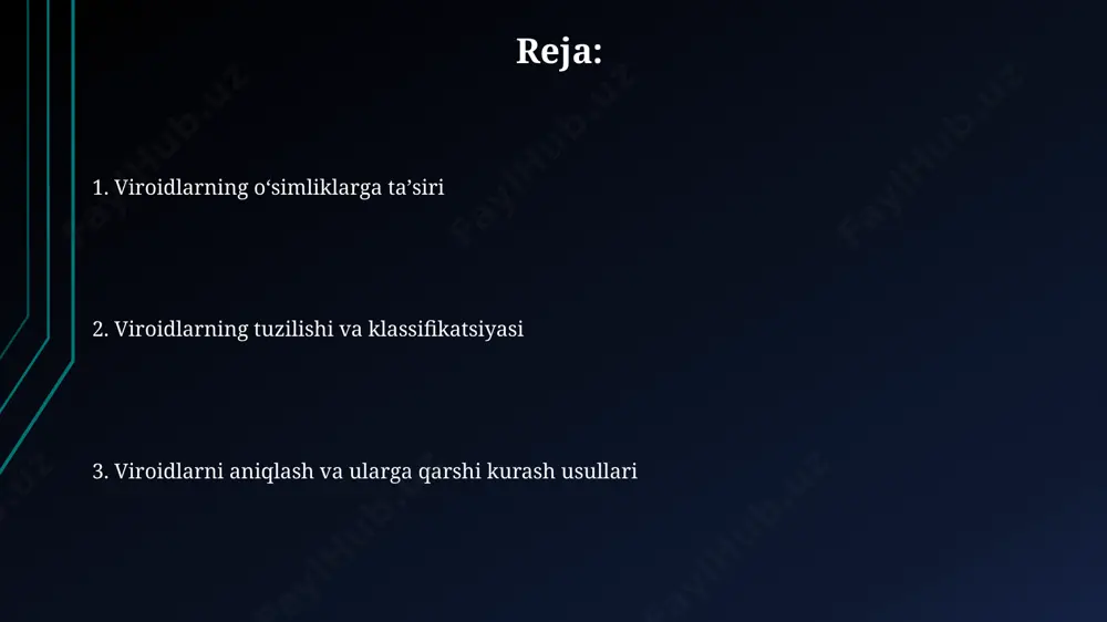dunyo bo'ylab 30 dan ortiq turdagi viroidlar aniqlangan bo'lib, ularning aksariyati evropa va shimoliy amerikada joylashgan ekinlarda topilgan. viroidlarning oʻsimliklarga taʼsiri oʻsimliklarda 100 dan ortiq viroid turlari aniqlangan boʻlib, ularning 30 foizi pomidor, kartoshka va qovun kabi iqtisodiy ahamiyatga ega ekinlarga zarar yetkazishi mumkin. potato spindle tuber viroid (pstvd) kabi viroidlar jahon miqyosida, jumladan oʻzbekistonning turli hududlarida kartoshka hosilini 50% gacha kamaytirishi mumkin. citrus exocortis viroid (cevd) sitrus mevali daraxtlarga, ayniqsa, oʻzbekistonning janubiy viloyatlarida yetishtiriladigan apelsin va limonlarga jiddiy zarar yetkazib, meva hosilini sezilarli darajada pasaytiradi. viroidlarning tarqalishi ba'zi viroidlar, masalan, potato spindle tuber viroid (pstvd), changlatuvchi hasharotlar orqali ham tarqalishi mumkin bo'lib, bu jarayon avstraliya va yangi zelandiya kabi hududlarda 2% dan yuqori darajada kuzatilgan. viroidlarning tarqalishida mexanik zararlanish, masalan, qishloq xo'jaligi asboblari orqali 5-15% gacha yuqishi kuzatiladi, bu esa 100 gektar maydonda 2000 dan ortiq o'simlikning zararlanishiga olib kelishi mumkin. o'simliklar orasida viroidlarning tarqalishi, asosan, infektsiyalangan o'simliklarning vegetativ …