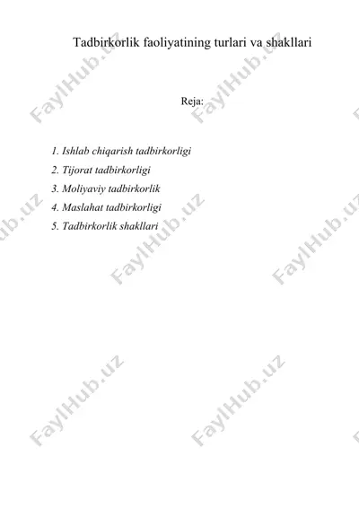 tadbirkorlik faoliyatining turlari va shakllari — DOC