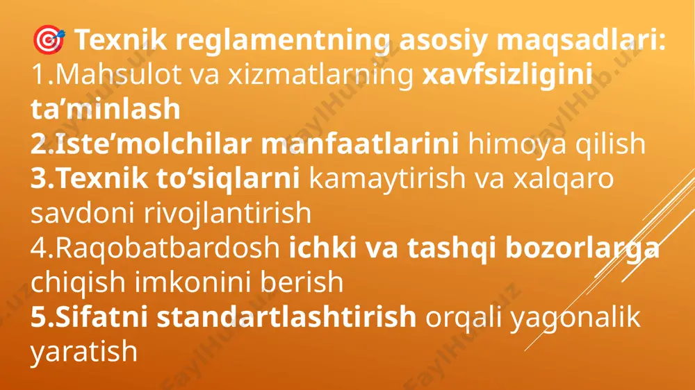 📌 texnik reglamentlarning turlari: tur izoh umumiy texnik reglament ko‘plab mahsulot turlariga umumiy talablarni belgilaydi (masalan, oziq-ovqat xavfsizligi) sohaviy texnik reglament ma’lum bir soha yoki mahsulot turiga (masalan, elektr asboblari, bolalar o‘yinchoqlari) xavfsizlikka oid reglament faqat xavfsizlik mezonlariga e’tibor qaratadi 📈 texnik reglamentlar qanday afzallik beradi? sifatli va xavfsiz mahsulotlar bozorga chiqadi soxta va xavfli mahsulotlar oldi olinadi eksport qilinadigan mahsulotlar xalqaro talablarga mos bo‘ladi mahsulotlarning muvofiqlik belgilari (masalan, o‘zdst yoki iso sertifikati) mijozlar ishonchini oshiradi 🌍 xalqaro standartlarga uyg‘unlik texnik reglamentlar ishlab chiqishda quyidagi tashkilotlar me’zonlari asos qilib olinadi: iso (international organization for standardization) iec (international electrotechnical commission) codex alimentarius (oziq-ovqat mahsulotlari uchun) wto tbt agreement – jahon savdo tashkilotining texnik to‘siqlar bo‘yicha bitimi 🧩 texnik reglamentlarning farqi nima? belgilar texnik reglament standart majburiylik darajasi majburiy ko‘pchilik hollarda ixtiyoriy huquqiy maqomi normativ-huquqiy hujjat normativ texnik hujjat tayanch xavfsizlik, salomatlik, ekologiya sifat, texnologik talablar tasdiqlovchi organ hukumat (vmq, prezident) o‘zstandart, …