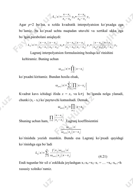 uchun argumentning shunday x qiymatini topish kerakki, f (x )y bo`lsin. faraz kilaylik, jadvalning karalayotgan oraligida f (x) funktsiya monoton va demak, bir qiymatli teskari funktsiya x= (y) (f ( (y))=y) mavjud bo`lsin. bunday xolda teskari interpolyatsiya (y) funktsiya uchun odatdagi interpolyatsiyaga keltiriladi. x= (y) qiymatni topish uchun lagranj yoki n’yutonning tugunlari har xil o`zoklikda joylashgan xol uchun formulalardan foydalanish mumkin. masalan, lagranjning interpolyatsion formulasi (4.25) ko`rinishga ega bo`lib, koldik xadi bo`ladi. agar f(x) monoton bo`lmasa, yuqoridagi formula yaramaydi. bunday xolda u yoki bu interpolyatsion formulani yozib, argumentning ma`-lum qiymatlaridan foydalanib va funktsiyani ma`lum deb hisoblab, hosil bo`lgan tenglama u yoki bu usul bilan argumentga nisbatan echiladi. misol. funktsiyaning quyidagi qiymatlari jadvali berilgan: 4.7-jadval x 0,880 0,881 0,882 0,883 y=f(x) 2,4109 2,4133 2,4157 2,4181 x argumentning shunday qiymati topilsinki, u=2,4 bo`lsin. echish. 4.7- jadvaldagi qiymatlarga ko`ra funktsiya monoton, shuning uchun ham n=3 deb olib, (4.25) formuladan foydalanamiz: yuqorida keltirilgan muloxazalardan …