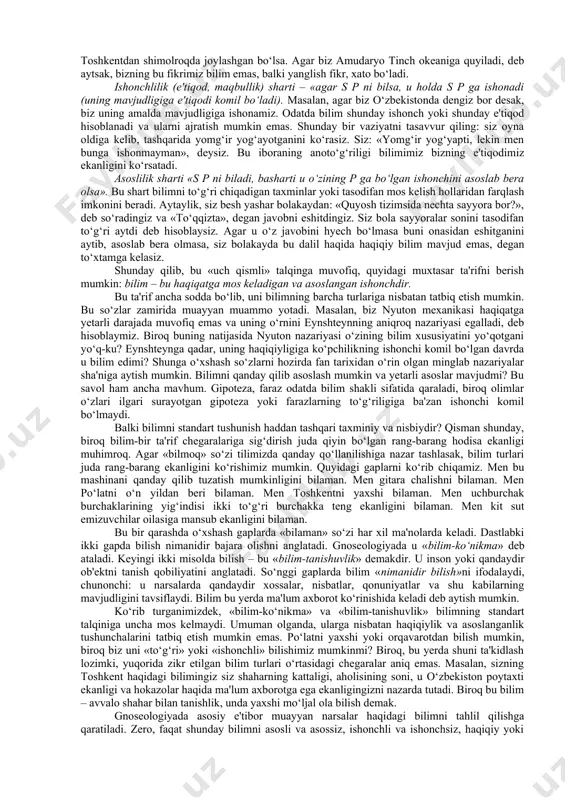 nda biron-bir tafsilotni nazardan qochirmaslikka harakat qiladi. demak gnoseologiya falsafaning eng muhim omilidir. optimizm. skeptitsizm. agnostitsizm. bilish jarayoni rivojlanish qonuniyatlarining shakllari, haqiqatning tagiga yetish imkoniyatlari nuqtai nazaridan o‘rganiladi. uning har xil modellari, yondashuvlari mavjud. materialistik modellar zamirida dunyoning inson ongida aks etish tamoyillari: demokritda – obrazlar (eydoslar), yangi davr faylasuflarida – sensor signallari, berklida – sub'ektning sezgilari yotadi. leybnits bilishni ilohiylashtirilgan g‘oyaning inson tug‘ma tushunchalariga ta'siri deb hisoblagan. gegel taklif qilgan modelning zamirida mutlaq g‘oyani anglash yotadi. max, avenarius va boshqa sub'ektiv idealistlarda (xix asr oxiri – xx asr boshlari) bilish jarayoni – bu sezgilarning bo‘sh va tejamli aloqasini amalga oshirishdir. inson aqli bilish pillapoyasidan yuqoriga ko‘tarilar ekan, har bir yangi pog‘onada qayta-qayta quyidagi savolga javob topishga harakat qiladi: dunyoni bilish mumkinmi?, bilishning chegaralari bormi? falsafada bu savollarga javob beruvchi uch asosiy yo‘nalishni farqlash mumkin: optimizm, skeptitsizm va agnostitsizm (kant va boshqalar). optimistlardunyoni bilish mumkinligini ta'kidlaydilar,agnostiklar,aksincha, buni rad etadilar (i.kant …
