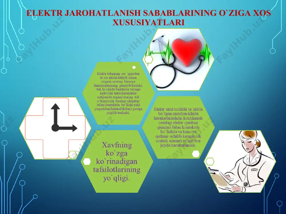 im va pol qarshiligi; riz – yerga nisbatan fazali simlarning himoya qatlami (izolyatsiyasi) qarshiligi * chuqur o`rnatilgan neytral bilan (u kuchlanish 1 kw) uf – fazali kuchlanish; ri – inson tanasi qarsgiligi (1 kom); rok i rp – oyoq kiyim va pol qarshiligi; ro – transformatorning yerga ulangan neytrali qarsghiligi * bir fazali bevosita kontakt chuqur o`rnatilgan neytral bilan (u kuchlanish 1 kw) uf bevosita kontaktda bo`lishda kuchlanish kontaktda bo`lish kuchlanishi ukb yerga ulash simidan oqish joyida: uz – yerga ulovchi qurilma kuchlanishi; α – kontaktda bo`lish kuchlanishi koeffisienti, mazkur ko`rsatkich yerga ulanish elementi konstruksiyasiga bog`liq. * qadamdagi kuchlanish… * elektr xavfsizlik qoidalariga rioya qiling! * t r i g i i × × × = 2 24 , 0 i f i l i r u r u i × = = 3 i f i t i r u r u i × = = 3 3 iz …