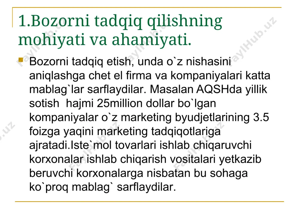 o`nalishlari va uslublari. har bir marketing tadqiqoti tegishli sarf xarajatlarni talab etadi. asosan yirik firmalar o`z tarkibiy to`zilmalari, sho'ba tashqilotlari miqyosida marketing tadqiqotlarini o`tkazadilar. lekin barcha sohalar bo`yicha tadqiqotlarni o`tkazishga imkoniyat va muayyan zaruratlar doimiy bo`lmaganligi hamda xodimlarni butun yil davomida ishda band qilib turish qimmatga tushishi sababli, ayrim muammolarni ixtisoslashgan marketing markazlariga, institutlariga topshiradilar va davriy tarzda axborot olib turadilar. marketing tadqiqotlar tizimi tashqil etish andozalari firma mavqeini ko`tarish, raqiblar bilan ishlash dilerlar va bozor arboblari marketing tadqiqotlarini chetlab o`tolmaydilar. muammoni aniqlash bu marketing tadqiqoti mavzusining shakllanishidar. tadqiqotchi birinchi navbatda muammogni aniqlab, tadqiqot maqsadlari bilan kelishilgan holda ish olib boradi. muammoni noto`g`ri aniqlash, noo’rin xarajatlarga olib keladi, axborotlar to`plash juda qimmatga tushib ketadi. shu boisdan esqilarda bir maqol bor : yaxshi aniqlangan muammo - natijaga yarim yo`l". marketing tadqiqotlari - sistemali ravishdagi axborotlarni aniqlash ularni to`plash va natijalar tahlilidan iborat. ikkilamchi axborot muammoni hal etishga aloqador bo`lganlaridan farqlovchi maqsadlarida …