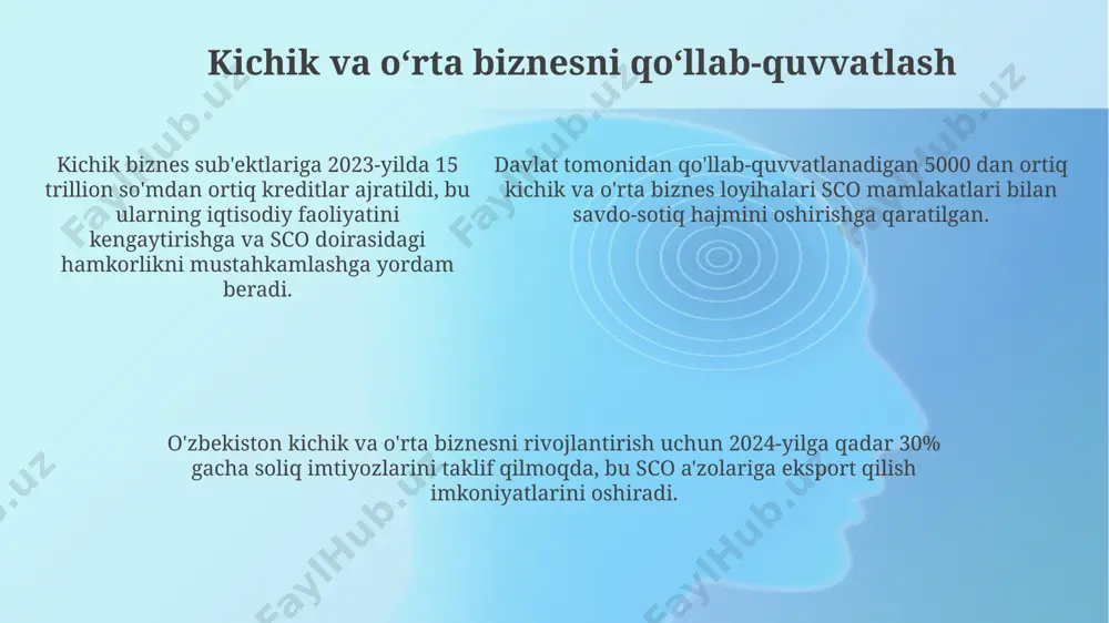 ga qaratilgan. oʻzbekiston shht doirasida qoʻshma investitsiya loyihalariga jalb qilingan xorijiy toʻgʻridan-toʻgʻri investitsiyalar hajmini 2022 yilda 30% ga oshirdi, bu mintaqaviy iqtisodiy hamkorlikni kuchaytirishga xizmat qiladi. shhtning iqtisodiy xavfsizlik strategiyasiga muvofiq, oʻzbekiston transport va logistika infratuzilmasini rivojlantirishga 2 mlrd. dollardan ortiq mablagʻ sarmoya kiritdi, bu mintaqaviy savdo va tranzitning oʻsishiga yordam beradi. axborot texnologiyalari va raqamli iqtisodiyot uzbekistan sco doirasida raqamli savdo platformalarini rivojlantirishga 100 million dollardan ortiq investitsiyalarni jalb qilishni rejalashtirmoqda, bu eksport hajmini sezilarli darajada oshirishga yordam beradi. mamlakatning raqamli infratuzilmasini rivojlantirish dasturiga muvofiq, 2025 yilga qadar 5000 dan ortiq qishloq joylarida yuqori tezlikdagi internetga kirish ta'minlanadi, bu esa raqamli tengsizlikni kamaytirishga yordam beradi. mamlakatning raqamli infratuzilmasini rivojlantirish dasturiga muvofiq, 2025 yilga qadar 5000 dan ortiq qishloq joylarida yuqori tezlikdagi internetga kirish ta'minlanadi, bu esa raqamli tengsizlikni kamaytirishga yordam beradi. qishloq xoʻjaligi va oziq-ovqat xavfsizligi shht doirasidagi hamkorlik tufayli oʻzbekiston oziq-ovqat mahsulotlari yetishtirishda zamonaviy texnologiyalarni joriy etish orqali …