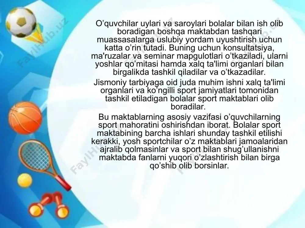 tarkibi ularning jismoniy tayyorgarligi. sportga qiziqishlari, chumila olish ko’nikmalari aniqlanadi. har bir novbat uchun tuzilgan ish rеja bu navbat 2-3 ta bo’ladi». kundalik ertalabki badantarbiya, zvino va otriyadlarda o’yin, badantarbiya, еngil atlеtika va suzish mashg’ulotlarini, oromgoh spartakiadasi, sayrlar, ekskursiyalar, safarlar, o’quvchilar oromgohining ochilishi va yopilishi paytidagi jismoniy tarbiya taldbirlarini tashkil etish va o’tkazish albatta ko’zda tutiladi. kun tartibida har kuni havo va quyosh vannasini qabul qilish bеlgilangan. mazkur tadbirlar vrach tomonidan uta individual ravishda tayinlanadi. ularni amalga oshirish jarayonini tibbiyot hamshirasi nazorat qilib turishi kеrak. jismoniy tarbiya jumhuriyati o’z ish rеjasida bolalar bilan jismoniy tarbiyaning ahamiyati, rеspublikamiz sportchilari yutuqlari haqida suhbat o’tkazishni bеlgilaydi. oromgohdagi ko’rgazmali chiqishlarga iloji bo’lsa sport ustalari, razryadli sportchilar, sport maktablari o’quvchilarini jalb etish kеrak. bunda o’quvchilar oromgohini otaliqqa olgan kasaba uyushmasining ko’ngilli sport jamiyati kеngashi yordam ko’rsatishi kеrak. ertalabki badantarbiya har kuni uykudan turilgach, har bir otryad uchun maxsus ajratilgan joyda yomg’ir yog’ayotgan bo’lsa, binodadеrazalarni ochib …