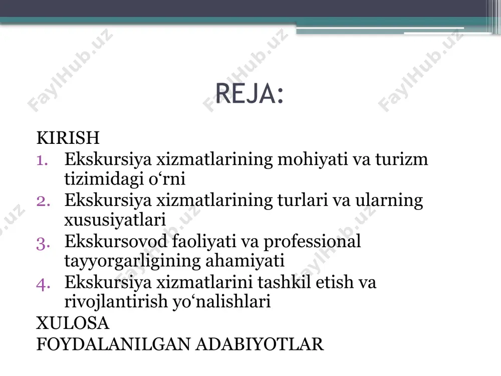tan ma’lum bir hududdagi tarixiy, madaniy, tabiiy, me’moriy va ijtimoiy obyektlar bilan tanishtirishga qaratilgan jarayon bo‘lib, turistlarga ob’ektlarni bevosita ko‘rish, ularning ahamiyati haqida ma’lumot olish, shu orqali bilim va tushunchalarini kengaytirish imkonini beradi. bu jarayonda asosiy maqsad – turistning intellektual va estetik ehtiyojlarini qondirishdir. ekskursiya xizmatlari turizm tizimida bir necha muhim vazifalarni bajaradi. birinchidan, ular turistik mahsulotning ajralmas qismi hisoblanadi. oddiy transport, joylashtirish va ovqatlanish xizmatlari turistga asosiy ehtiyojlarini qondirish imkonini bersa, ekskursiyalar esa sayohatni mazmunan boyitadi, unga o‘ziga xoslik bag‘ishlaydi ikkinchidan, ekskursiyalar turistik oqimlarni samarali boshqarishga yordam beradi: turistlar faqat mashhur joylargagina emas, balki nisbatan kam ziyorat qilinadigan hududlarga ham jalb etiladi. bu esa turizmni hududiy rivojlantirish, yangi ob’ektlarni ommalashtirish va mahalliy iqtisodiyotga qo‘shimcha daromad keltirish imkonini beradi. uchinchidan, ekskursiyalar orqali turistlar milliy qadriyatlar, urf-odatlar, madaniy meros bilan yaqindan tanishib, ma’naviy jihatdan boyiydi. shuningdek, ular mahalliy aholi bilan muloqot qilib, o‘zaro madaniy almashuv jarayonida ishtirok etadi, bu esa turizmning …