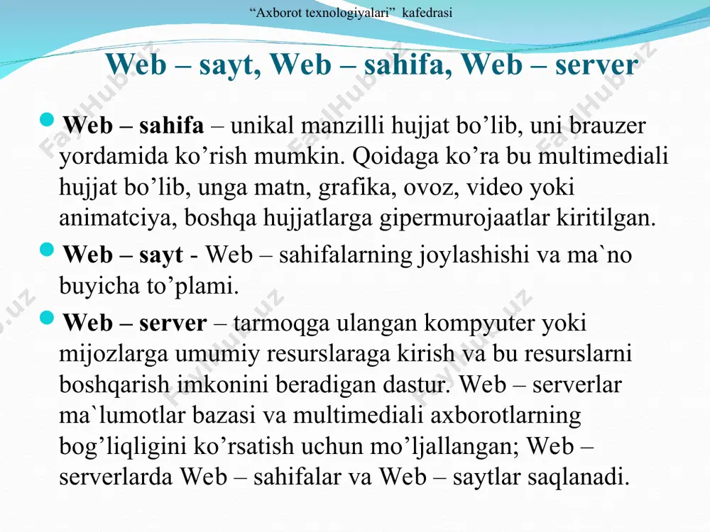 r web – sayt yaratish va uni qayta ishlashni tezlashtirib, grafikli foydalanuvchi interfeysi (gui), interaktiv yordam, html – teglarni tezda o’rnatish vositasi va kod to’g’riligini tekshirish imkoniyatini beradi. web – muharrirlarni ishlatayotgan foydalanuvchi teg nomlarini yozishda deyarli xatolikka yo’l qo’ymaydi. chunki teglarni asosan web – muharrirning o’zi yozadi va undagi o’zgartirishlarni tekshirib boradi. “axborot texnologiyalari” kafedrasi web – dizayner uchun muhim vositalardan biri vektorli va nuqtali grafiklar bilan ishlash uchun qo’llaniladigan dasturlar hisoblanadi. hozirda deyarli barcha web – sahifalar turli xil grafik elementlarga ega: yozuv maydonlari, tugmalar, harakatlanish panellari, ramkalar, fon rasmlari va boshqalar. web – sahifalar uchun grafik elementlar yaratishda o’ziga xos xususiyatlar mavjud va barcha zamonaviy grafik muharrirlar web – grafiklarni tayyorlash va qayta ishlash uchun maxsus vositalarga ega. grafiklar bilan ishlovchi dasturlarni ikki turga bo’lish mumkin: nuqtali grafiklar bilan ishlovchi dasturlar vektorli grafiklar bilan ishlovchi dasturlar grafik muharrirlar “axborot texnologiyalari” kafedrasi web – brauzerlar - web – …