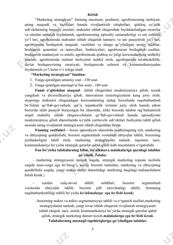 ib, bunda asosiy e’tibor talabaning berilgan mavzular (amaliy masalalar, topshiriqlar va keys-stadilar)ni mustaqil ravishda, ya’ni auditoriyadan tashqarida bajarishi, o’qib o’rganishi va shu yo’nalish bo’yicha bilim va ko’nikmalarlarini chuqurlashtirishga qaratiladi. ushbu shakllarga quyidagilar tegishlidir: · darslik va o’quv kursatmalarlar bo’yicha fanlar boblari va mavzularini o’rganish; · tarqatma materiallar bo’yicha ma’ruzalar qismini o’zlashtirish; · avtomatlashtirilgan o’rgatuvchi nazorat qiluvchi tizimlar bilan ishlash; · maxsus adabiyotlar bo’yicha fanlar bo’limlari yoki mavzulari ustida ishlash; · talabalarning o’quv-ilmiy tadqiqot ishlarini bajarish bilan bog’liq bo’lgan fanlar bo’limlari va mavzularini chuqur o’rganish; · keys-stadilar va o’quv loyihalarini mustaqil bajara olish; · faol va muammoli o’qitish uslubidan foydalaniladigan o’quv mashg’ulotlarini o’zlashtirish. talabalar mustaqil ishlarining shakli va hajmini belgilashda quyidagi jihatlar e’tiborga olinishi lozim: · o’qish bosqichi; · muayyan fanning o’ziga xos xususiyati va o’zlashtirishdagi qiyinchilik: · talabaning qobiliyati hamda nazariy va amaliy tayyorgarlik darajasi; · fanni axborot manbalari bilan ta’minlanganlik darajasi; · talabaning axborot manbalari bilan ishlay olish darajasi; …