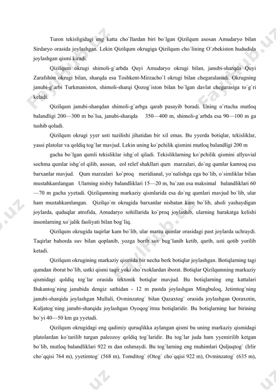 dan iborat bo`lib, ustki qismi taqir yoki sho`rxoklardan iborat. botiqlar qizilqumning markaziy qismidagi qoldiq tog`lar orasida tektonik botiqlar mavjud. bu botiqlarning eng kattalari bukantog`ning janubida dengiz sathidan - 12 m pastda joylashgan mingbuloq, jetimtog`ning janubi-sharqida joylashgan mullali, ovminzatog` bilan qazaxtog` orasida joylashgan qoraxotin, kuljatog`ning janubi-sharqida joylashgan oyoqog`itma botiqlaridir. bu botiqlarning har birining bo`yi 40—50 km ga yyetadi. qizilqum okrugidagi eng qadimiy quruqlikka aylangan qismi bu uning markaziy qismidagi platolardan ko`tarilib turgan paleozoy qoldiq tog`laridir. bu tog`lar juda ham yyemirilib ketgan bo`lib, mutloq balandliklari 922 m dan oshmaydi. bu tog`larning eng muhimlari quljuqtog` (irlir cho`qqisi 764 m), yyetimtog` (568 m), tomditog` (otog` cho`qqisi 922 m), ovminzatog` (635 m), quljuqtog` (785 m), qozaxtog` (394 m), sulton uvays tog`i (ashitog` cho`qqisi 473 m). shu sababli bu qoldiq toglar deyarli kenglik bo`ylab yo`nalib paleozoy erasining kristalli slaneo`lari, kvaro`li slaneo`lari va ohaktoshlaridan tashkil topgan. ular orasida esa granit, diorit, granodiorit va boshqa otqindi jinslar ham …
