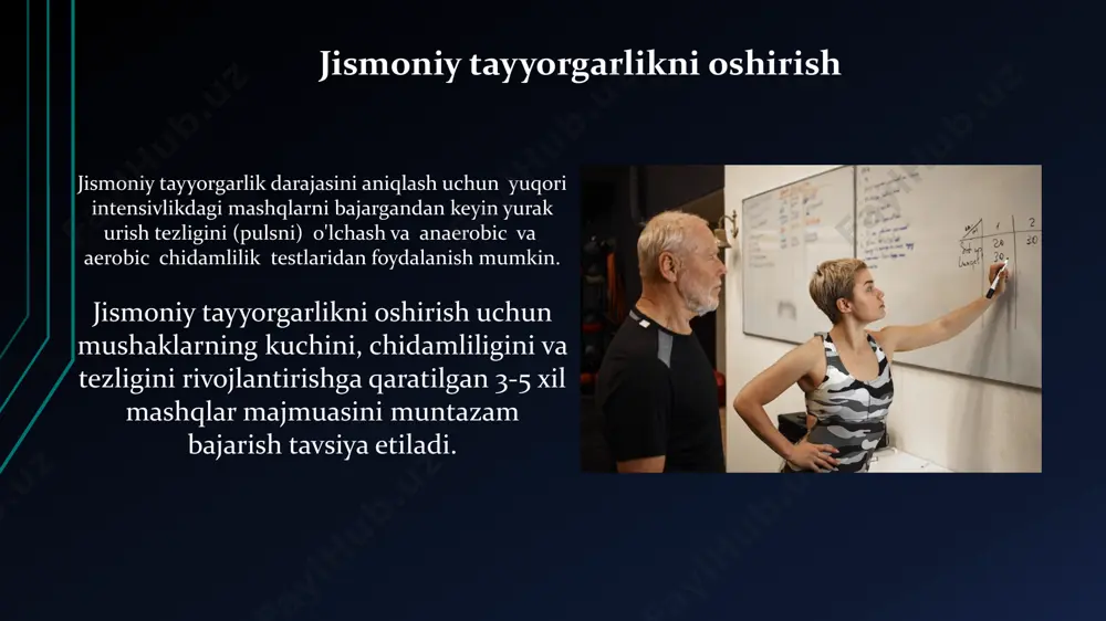 qiziqishni oshirish sogʻlom ovqatlanish va jismoniy faoliyatning uygʻunlashuvi yoshlarda sogʻlom hayot kechirishga boʻlgan qiziqishni 50% dan ortiq oshiradi. jismoniy mashqlarning 30 daqiqalik muntazam bajarilishi sogʻlom turmush tarziga boʻlgan qiziqishni 2 barobar oshirishi mumkinligi ilmiy jihatdan isbotlangan. sogʻlom turmush tarzini shakllantirish sogʻlom turmush tarzini shakllantirishda jismoniy faollikning haftasiga kamida 150 daqiqa davom etadigan muntazam mashgʻulotlari muhim ahamiyatga ega boʻlib, yurak-qon tomir kasalliklari xavfini 30% ga kamaytirishi mumkin. sogʻlom turmush tarzini shakllantirish jarayonida stressni boshqarish texnikalarini oʻrgatish, ruhiy salomatlikni yaxshilash va umumiy farovonlikni 50% ga oshirishga yordam beradi. muvaffaqiyatga intilishni tarbiyalash muvaffaqiyatga intilishni tarbiyalashda o‘quvchilarning 70% dan ortig‘i o‘z maqsadlariga erishish uchun 3 tadan ortiq strategiyani qo‘llashni o‘rganadilar, bu esa ularning o‘ziga ishonchini oshiradi va mustaqilligini rivojlantiradi. jismoniy tarbiya darslarida 5-10 takrorlash orqali bajarilgan mashqlar muvaffaqiyat hissiyotini kuchaytirib, o‘quvchilarning qat’iyatlilik va chidamlilik kabi xislatlarini shakllantiradi. e'tiboringiz uchun rahmat @taqdimot_robot image1.jpg image2.jpg image3.jpg image4.jpg image5.jpg image6.jpg image7.jpg image8.jpg image9.jpg image10.jpg image11.jpg image12.jpg