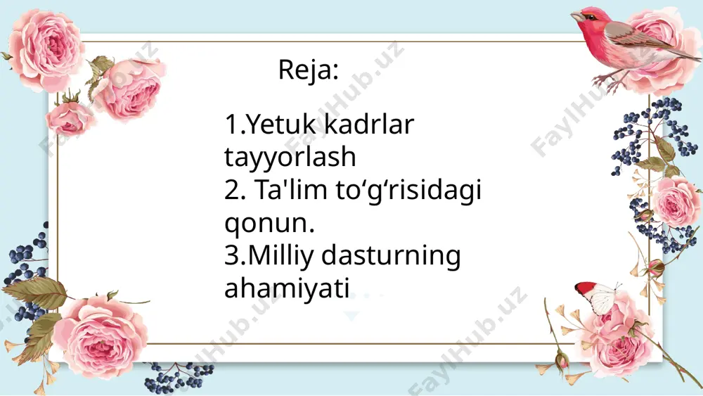 ublikasi qonunining qoidalariga muvofiq holda tayyorlangan bo‘lib, milliy tajribaning tahlili va ta’lim tizimidagi jahon miqyosidagi yutuqlar asosida tayyorlangan hamda yuksak umumiy va kasb-hunar madaniyatiga, ijodiy va ijtimoiy faollikka, ijtimoiy-siyosiy hayotda mustaqil ravishda mo‘ljalni to‘g‘ri ola bilish mahoratiga ega bo‘lgan, istiqbol vazifalarini ilgari surish va hal etishga qodir kadrlarning yangi avlodini shakllantirishga yo‘naltirilgandir. dastur kadrlar tayyorlash milliy modelini ro‘yobga chiqarishni, har tomonlama kamol topgan, jamiyatda turmushga moslashgan, ta’lim va kasb-hunar dasturlarini ongli ravishda tanlash va keyinchalik puxta o‘zlashtirish uchun ijtimoiy-siyosiy, huquqiy, psixologik-pedagogik va boshqa tarzdagi sharoitlarni yaratishni, jamiyat, davlat va oila oldida o‘z javobgarligini his etadigan fuqarolarni tarbiyalashni nazarda tutadi. lorem ipsum dolor four etiboringiz uchun rahmat image9.png image1.png image2.png image3.png image4.png image5.png image6.png image7.png image8.png image14.png image15.png image10.png image11.png image12.png image13.png image16.jpeg image17.png image18.jpeg image19.jpeg image20.jpeg