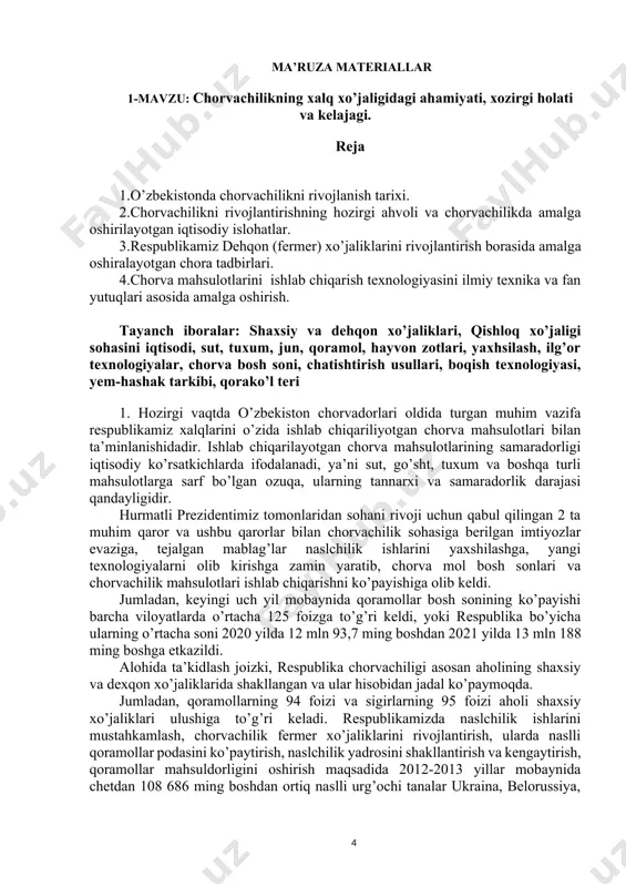 iyatiga bog’liq barcha masalalarni mustaqil hal qiladi va amaldagi belgilangan majburiyatlarini o’z vaqtida bajaradi. shuning uchun ham tadbirkorlik faoliyatining muhim shartlaridan biri- bo’lajak dehqon (fermer) xo’jaliklarining o’zbekiston respublikasi qonunchiligida belgilangan huquq va majburiyatlarini puxta bilishdir. so’ngi paytda prezidentimiz va hukumatimiz tomonidan dehqon (fermer) xo’jaliklarini rivojlantirish bo’yicha bir necha farmon va qarorlar qabul qilindi. shular jumlasidan: chorvachilik tarmoqlarini davlat tamonidan yanada qo’llab quvvatlashga doir qo’shimcha chora-tadbirlar to’g’risida. ( prezident qarori pq-5017.), yilqichilik va ot sportini yanada rivojlantirish hamda zamonaviy beshkurash va polo sport turini ommalashtirish bo’yicha qo’shimcha chora-tadbirlar to’g’risida (prezident qarori pq-5024), qorako’lchilik tarmog’ini yanada rivojlantirish bo’yicha qo’shimcha chora-tadbirlar to’g’risida (prezident qarori pq- –4984) qor va farmonlari ishlab chiqilgan. o‘zbekiston respublikasi prezidentining 2019-yil 18-martdagi “chorvachilik tarmog‘ini yanada rivojlantirish va qo‘llab-quvvatlash chora-tadbirlari to‘g‘risida”gi pq-4243-son qarori 2-bandiga muvofiq berilgan imtiyozlar chorvachilik mahsulotlari ishlab chiqaruvchi barcha xo‘jalik subyektlariga va omuxta yem ishlab chiqaruvchi korxonalarga nisbatan ham tatbiq etiladi; 2021-yil 1-yanvardan boshlab 2024-yil 1-yanvarga qadar …