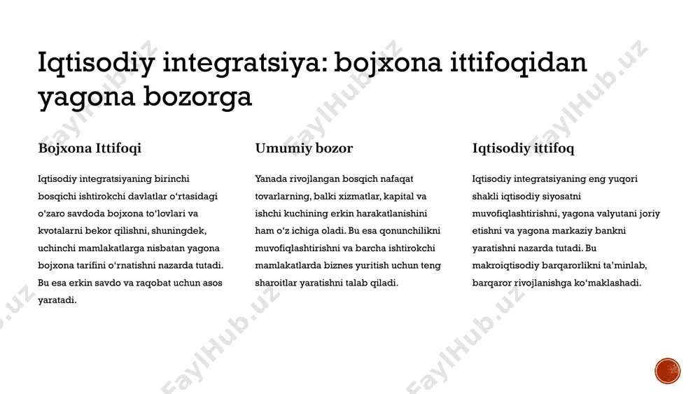 birining tajriba va bilimlaridan foydalanib, iqtisodiy faoliyatda xarajatlarni kamaytiradi va samaradorlikni oshiradi. bu esa raqobatbardosh bozor yaratadi. ijtimoiy integratsiya: fuqarolar huquq va imkoniyatlarini ta'minlash erkin harakatlanish yevropa ittifoqi fuqarolariga har bir a'zo mamlakatda yashash va ishlash imkoniyati beriladi 1 ta'lim yevropa ittifoqi doirasida fuqarolar uchun ta'lim olish va malaka tan olishda keng imkoniyatlar mavjud. 2 sog‘liqni saqlash yevropa ittifoqi fuqarolari uchun har bir a'zo mamlakatda tibbiy xizmatlarga kirish imkoniyatlari mavjud. bu quyidagi tamoyillar asosida amalga oshiriladi: 3 ijtimoiy himoya yevropa ittifoqi fuqarolarining ijtimoiy yordam va qo‘llab-quvvatlash huquqi mavjud. 4 evropa ittifoqidagi ijtimoiy himoya tizimi sog'liqni saqlash va tibbiy xizmatlar – yevropa ittifoqi fuqarolari, shu jumladan migratsiya qilganlar, o'zlarining yashash mamlakatlaridan tashqarida tibbiy yordam olish huquqiga ega. yevropa sog'liqni saqlash kartasi (ehic) orqali fuqarolar boshqa a'zo davlatlarda shoshilinch tibbiy yordamdan foydalanishlari mumkin. pensiya tizimi – a'zo davlatlarda fuqarolarni nafaqaga chiqqanida ijtimoiy himoya tizimi orqali pensiya to‘lovlari taqdim etiladi. yevropa ittifoqi doirasida …