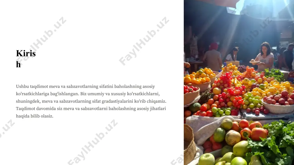 un ularning shakli ham muhim ahamiyat kasb etadi. standartlarda urug'li va ko'pchilik danakli mevalar shakli bo'yicha aynan shu meva va sabzavot tipiga mos bo'lishi ko'rsatiladi. shaklining aynan shu tipga mos bo'lmasligi esa, ularning pastki tovar navlariga o'tkazilishiga asos bo'ladi. ba'zi sabzavotlar uchun standartlarda shakliga talablar keltirilmaydi. 1 moslik aynan shu tipga mos bo'lishi talab etiladi. 2 ta'sir pastki tovar navlariga o'tkazilishiga sabab bo'ladi. 3 talablar ba'zi sabzavotlar uchun talablar yo'q. sirt holatining ahamiyati meva va sabzavot sirtining holati yuzasining quruqligi va tozaligi bilan xarakterlanadi. sirtining nam bo'lmasligi ko'pchilik zararli mikroorganizmlarning rivojlanishi uchun noqulay sharoit hisoblanadi. ko'pchilik meva-sabzavotlar uchun sirtining yuzasiga ham katta e'tibor beriladi, chunki sirtining tozaligi mahsulotning tovar ko'rinishiga va estetik hususiyatlariga katta ta'sir ko'rsatadi. quruqlik mikroorganizmlar rivojlanishi uchun noqulay sharoit. tozalik tovar ko'rinishi va estetik xususiyatlarga ta'sir. ta'sir sifatni nazorat qilish qiyinlashadi. meva va sabzavotlarning butunligi va yangiligi meva va sabzavotlarning butunligi deganda ularda mexanik jarohatlarning bo'lmasligi, qishloq …