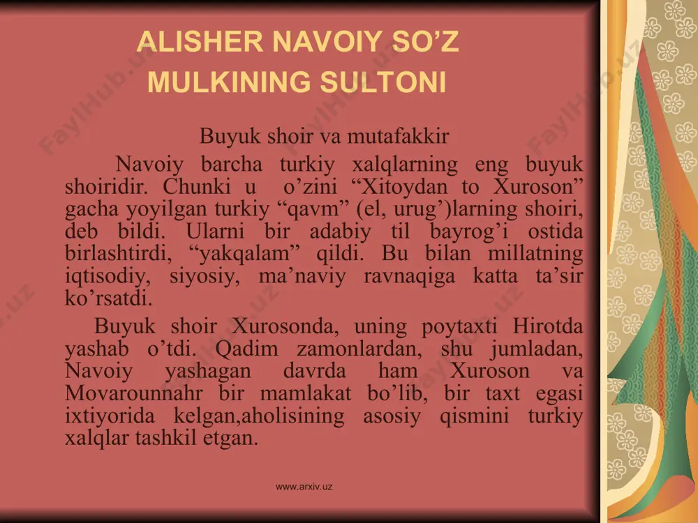 dilar va kitobni yashiradilar. lekin bu foydasiz bo’lib chiqadi. kitob alisherga tamom yod bo’lgan edi. “mantiq ut-tayr” xayoli alisherga bir umr hamroh bo’ldi. umrining so’ngida esa, “lison ut-tayr” nomi bilan unga javob yozdi. bo’lajak mutafakkirining sevib o’qigan shoirlari yana nizomiy ganjaviy va xusrav dehlaviy edi. www.arxiv.uz www.arxiv.uz 1453-yilda alisherning otasi g’iyosiddin muhammad vafot etdi. alisher abulqosim bobur xizmatiga kirdi. avval sabzavorda, so’ng mashhadda yashadi. ikki maktabdosh do’st – husayn va alisher yana birga bo’ldilar. bu yillar ham yosh alisher uchun o’qish va ilm egallash yillari bo’ldi. she’rga mehr alisherni ijodga undadi. u 7 – 8 yoshlarida she’r yoza boshladi.o’zbekch she’rlariga “navoiy”, forscha she’rlariga “foniy” taxallusini qo’ydi. 15 yoshlarida she’rlari bilan zamonasining mashhur shoirlari diqqatini tortdi. 1457- yilda abulqosim bobur mirzo vafot etdi. uning o’rnini abusaid mirzo egalladi. husayn boyqaro taxt uchun kurashga sho’ng’ib ketdi. navoiy esa mashhad madrasalarida o’qishni davom ettirdi. 1464-yilda hitotga qaytib kelgan shoir hayotida noxushliklar boshlandi. abusaid …