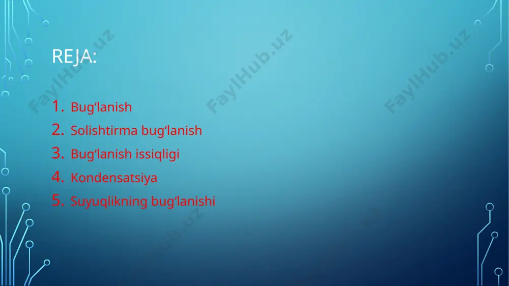 lanish — 1) gazsimon holatdagi moddaning sovishi yoki siqilishi natijasida suyuq yoki qattiq holatga utishi. k. — bug'lanishning aksi. k. muayyan modda uchun kritik temperaturadan past temperaturadagina sodir boʻladi. kritik nuqta bilan uchlama nuqta orasidagi temperaturaviy oralikda modda suyuq holatga, yanada pastroq temperaturalarda esa kristall holatga oʻtadi. suyuq yoki kristall holatlar orasida muvozanatli k. yuz berib, gaz holatdan suyuq yoki qattiq holatga oʻtayotganida maʼlum miqdorda issiqlik ajraladi. bu issiqlik moddaning shu temperatura va bosimda bugʻlanishiga sarflangan issiqlikka teng. kondensatsiyaning solishtirma issikligi solishtirma bugʻlanish issikligiga teng. bugʻlanish va kondensatsiya bir vaqtda roʻy beradi. qattiq jism yoki suyuqlik sirtida hosil boʻluvchi sirtqi kondensatsiya., aerozol, gaz ionlarining bugʻ hajmi ichida, bugʻning zichlashish joylaridagi zichlik fluktuatsiyasi (oʻrtacha qiymatdan ogʻishi) oqibatida hosil boʻluvchi hajmiy kondensatsiya mavjud. suv bugʻining kondensatlanishi natijasida atmosferada bulut, tuman, shud-ring va qirov hosil boʻladi. kondensatsiyalar turli xil issiqlik almashinish apparatlarida qoʻllaniladi, u distillashnpt asosi hisoblanadi. manba: https://bit.ly/3vvd5nj suyuqlikning bugʻlanishi suyuqlikdagi molekullar …
