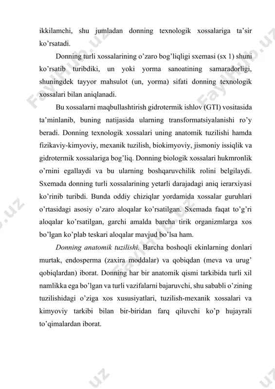 ,5 1,4................3,1 75,0.........79,0 4,8............5,5 1,9.............2,8 10,0.........13,0 3,4.............4,0 bug’doy doni uzunchoq shakldagi, turli konfiguratsiyalardagi – tuxumsimon (don murtakka qarab kengaygan va egatchaga qarab toraygan), oval (donning eng enli joyi o’rtasida), uzunchoq, bochkasimon bir urug’li don ko’rinishida bo’ladi. donning oval va tuxumsimon shakllari eng ko’p tarqalgan. donning oval va tuxumsimon shakllari tarqalgan. donning bo’rtiq tomoni yelka tomoni, unga qarama-qarshi joylashgan, uzunasiga ekinning naviga qarab turli chuqurlikdagi egatcha ketgan tomoni qorin tomoni deb ataladi. don egatchasi tor, o’rtacha va enli hamda mayda (yopiq qismning asosi donning markaziga yetib bormaydi), shuningdek o’rtacha (asos donning markazidan o’tadi), va chuqur (asos donning markazidan chuqurroqda joylashgan) bo’ladi. donning yuzchalari yumaloq va burchakli bo’ladi, yelkasining tuzilishi esa to’g’ridan tortib kuchli bukrigacha. bug’doy donining bir tutam tukli yuqori uchini po’pakcha deb atashadi. yelka tomonining pastki qismida qalqonchasi bilan murtak joylashgan. murtak yumaloq yoki oval shaklga ega va donda bo’rtiq yoki botiq holda joylashgan. bug’doyning qattiq shishasimon navlarining donlarida u …