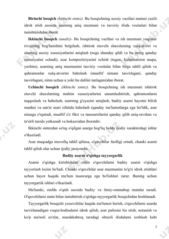 ar turadi. o'quvchilarni matn bilan tanishtirish o'qishga tayyorgarlik bosqichidan boshlanadi. tayyorgarlik bosqichi yozuvchilar haqida ma'lumot berish, o'quvchilarni asarda tasvirlanadigan voqea-hodisalarni idrok qilish, asar pafosini his etish, notanish va ko'p ma'noli so'zlar, murakkabroq tarzdagi obrazli ifodalarni izohlash kabi masalaiarni o'z ichiga oladi. agar asar yil fasllari haqida bo'lsa, tabiat qo'yniga sayohat uyushtirish ham sinfda o'qish muvaffaqiyatini ta'minlashga xizmat qiladi. matn bilan dastlabki tanishuvdan so'ng quyidagicha savollar bilan murojaat qilish darsda o'quvchilarning faolligini oshiradi: /. hikoyadagi qaysi epizodni qiziqarli deb o'ylaysiz? 2. hikoya qahramonlaridan qaysi binning xatti-harakatini ma'qul- laysiz? qaysi birining fe 'l-atvori, o'zini tutishi sizga yoqmadi? 3. hayotda shunday kishilarni uchratganmisiz? tayyorgarlik ishlarining vazifalari quyidagilar: 1. o'quvchilarning asarda aks ettirilgan voqea-hodisalar haqidagi tasavvurlarini boyitish, matnni ongli idrok qilishga ta'sir etadigan yangi ma'lumotlar berish, badiiy asarda tasvirlangan dalillarni o'quvchilarning o'z hayotida kuzatganlari bilan bog'lay olishlariga sharoit yaratish. 2. yozuvchining hayoti va ijodiga qiziqish uyg'otish. masalan, 4-sinfda zafar diyorning hayoti va ijodi haqida …