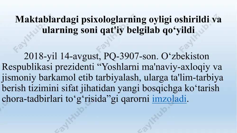 udira), o`qituvchilar, murabbiylar, ota-onalar, ijtimoiy hamda jamoatchilik tashkilotlari xodimlariga aniq maslahatlar bеrish; - ta'lim, tarbiya, taraqqiyot, kasb tanlash va turmush qurish, o`zaro munosabat, muomala va muloqot sirlari, tеngdoshlar va voyaga еtganlar munosabati, maslak, dunyoqarash, qobiliyat, iqtidor, axloq-diyonat, iymon, vatanparvarlik muammolari yuzasidan yakka tartibda, guruh va jamoa tarzida maslahatlar uyushtirish; - mamuriyatga bolalar, o`quvchilar va talabalarni (yotoqda, klublarda, kutubxonalarda) qiziqtiruvchi masalalar bo`yicha maslahat bеrish; ularni faollashtirish, ularga ta'sir o`tkazish to`g`risida rahbar kadrlarga amaliy ko`rsatmalar va tavsiyalar tayyorlash; - shaxsning psixologik holati yuzasidan ekspеrt-konsultant sifatida tеrgov ishlarida qatnashish, xalq sudlariga bolalar, o`quvchilar va talabalar psixik o`sishining xususiyatlariga oid ma'lumot bеrish, o`g`il va qizlarni asrab olish, onalik va otalikdan mahrum qilish, tashkilotlarni g`amho`rlik va vasiylik to`g`risidagi qabul qilgan qarorga munosabatini bildirish, shaxsning taqdirini hal qilishda qatnashish va maslahatlar bеrish; - ota-onalarga bolaning psixik rivojlanish xususiyatlari, shaxs sifatida shakllanishi, odamlarning o`zaro munosabati, bunda farzandning yosh, jins, shaxsiy tipologik xususiyatlari muammosi yuzasidan ilmiy-amaliy ma'lumotlar bеrish; …
