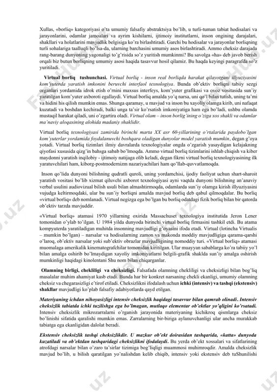 a’ni u muayyan narsa sifatida fikrlanayotgan bo’lsa, bu narsa ongda mavjud bo’ladi va o’zining «ikkinchi» borlig’ini saqlaydi, ayni holda u dastlabki ob’ektning nusxasi, ideal obraz bo’lib qoladi. shunday qilib, o’tgan zamondagi borliq yo’qlikdir, deb aytish mumkin. borliq doim hozirgi zamonda mavjud bo’ladi, u faqat hozirgi zamonda o’zini namoyon etadi, basharti u dolzarb va amalda namoyon bo’lish imkoniyatiga ega bo’lsa, agar u potentsial, ya’ni axborot manbalarida mavjud yoki uning paydo bo’lishi ob’ektiv rivojlanish mantig’i bilan belgilangan bo’lsa. amalda yo’q bo’lgan narsa haqida ideal obraz sifatida fikrlash mumkin. boshqacha aytganda, unga ideal obraz tarzidagi ideal borliq shakl-shamoyilini berish mumkin. o’tmishga tatbiqan biz borliq haqida faqat shu ma’noda so’z yuritishimiz mumkin. ayni shu ma’noda biz g’oyalar, narsalar, voqealar, tarixiy shaxslar yoki o’zimizga yaqin odamlar to’g’risida so’z yuritamiz, bunda ular yo’qlikka aylanmagani, balki yangicha mavjudlik, xotira tarzidagi o’zgacha borliq kasb etganini nazarda tutamiz. shunday qilib, borliq falsafiy kategoriya sifatida dunyoni butun rang-barangligi va turli-tuman …