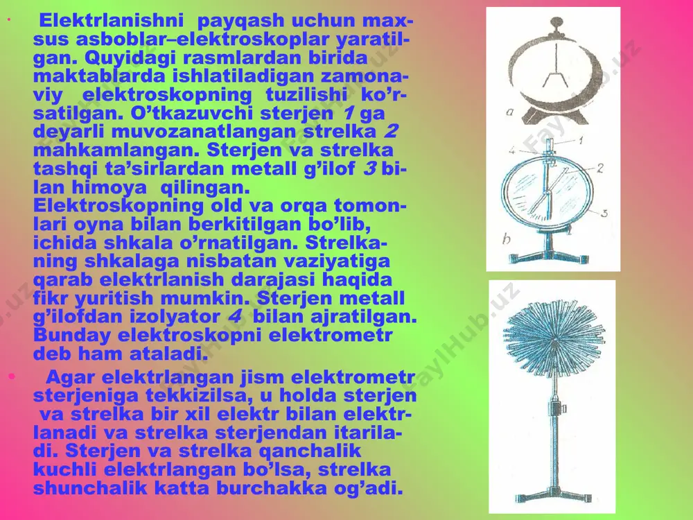 qonuni. zaryad jismni tashqiy sirtida to’plangan bo’lib, uchli joylarida ko’proq taqsimlangan bo’ladi. 2.yopiq sistemaning zaryadlarini algebraik yig’indisi o’zgarmas saqlanadi. +7 + -3 = +4 +4 + +7 + +1 = +2 + +2 kulon qonunini formulasi: qo’zg’almas zaryadlar bir-biri bilan maydon orqali ta’sirlashadi. uni elektrostatik maydon deyiladi. elektr maydoniga kiritilgan birlik musbat zaryadga ta’sir etuvchi kuchga son qiymat jihatidan teng bo’lgan kattalikka elektr maydon kuchlanganligi deyiladi. kuchlanganlik maydonning kuch xarakteristikasi bo’lib hisoblanadi. nuqtaviy zaryad maydon kuchlanganligi: - zaryadlarning sirt zichligi cheksiz katta zaryadlangan tekislik hosil qilgan maydon kuchlanganligi: cheksiz katta qarama-qarshi zaryadlangan ikkita tekislik orasidagi maydon kuchlanganligi: elektr maydon kuchlanganligi har doim musbat zaryadli zarraga ta’sir qiluvchi kuchning yo’nalishi bilan mos keladi va yana u ekvipotensial sirtga perpendikulyar bo’lib, potensialni kamayish yo’nalishini ko’rsatadi. elektr xossalariga ko’ra moddalar o’tkazgichlarga va dielektriklarga bo’linadi. barcha metallar, tuzlar va kislotalarning suvdagi eritmalari, ho’l yog’och, yer, beton, nam matolar, ko’mir va boshqalar elektr o’tkazgichlardir. inson …