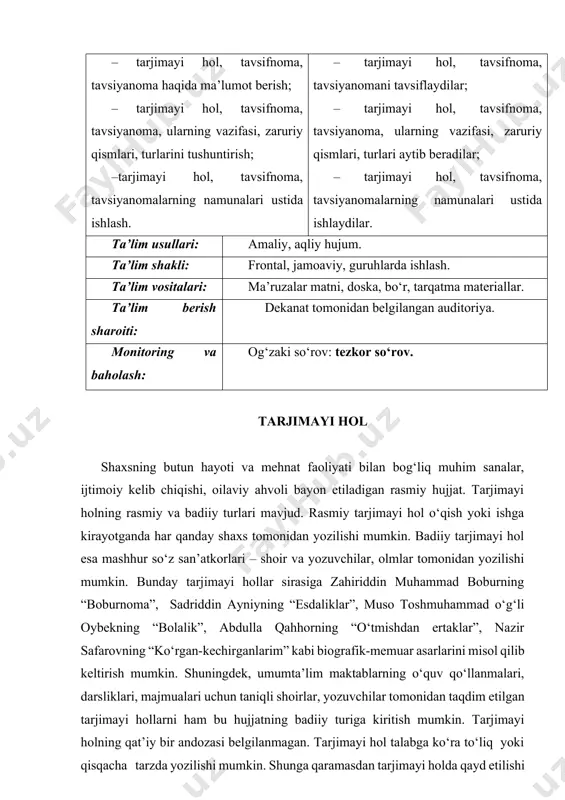 ishi lozim. namuna tarjimayi hol men, ortiqov san’at qudratovich, 1960-yil 20-fevralda o‘zbekiston respublikasining samarqand viloyati jomboy tumanidagi jo‘yimulk qishlogida ziyoli oilasida tug‘ilganman. otam – ulug‘ov qudrat, 1936-yil samarqand viloyati kattaqo‘rg‘on tumanida tug‘ilgan, samarqand davlat chet tillar instituti professori. onam – ulug‘ova shohsanam muhammadaliyevna, 1938-yil narpay tumanining mirbozor qishlog‘da tug‘ilgan, uy bekasi. oilamizda ikki akam, bir opam, bir singlim va bir ukam bor. ularning barchasi oilali. men 1968-yidan 1975-yilgacha samarqand shahridagi 9-o‘rta umumta’lim maktabida, 1975-yidan 1978–yilgacha jizzax shahridagi 5-o‘rta umumta’lim maktabida o‘qidim. 1978–yilda samarqand davlat universitetining huquqshunoslik fakultetiga o‘qishga kirib, uni 1983–yili imtiyozli diplom bilan tamomladim. 1983-1984-yillarda jizzax viloyat ijroiya qo‘mitasining adliya boshqarmasida devonxona mudiri, 1984-1987-yillarda jizzax shahar sudining sud ijrochisi, stajor–sudyasi, sudyasi, 1987-1990-yillarda g‘allaorol tuman ichki ishlar bo‘limi operativ xodimi, 1990-1991-yillarda samarqand viloyat agrasanoat kapital qurilishi birlashmasida bosh huquqshunos–maslahatchi, 1991-1992-yillarda jizzax viloyat hokimligi adliya boshqarmasining katta maslahatchisi, 1992-1999-yillarda samarqand viloyat hokimligi adliya boshqarmasining katta va bosh maslahatchisi, 1999-2001-yillarda samarqand viloyat …