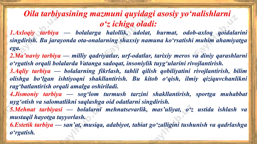 ko‘rsatmalardan iborat. shuning uchun farzand tarbiyasi bugun ko‘pgina xonadonlarda dolzarb muammoga aylangan. quyidagilar bugun ko‘pchilik qaytaradigan iboralardir; -- farzandim meni tushunmaydi... -- farzandim menga isyon qiladi... -- menga itoat qilmaydi... -- farzandim to‘g‘ri yo‘lda emas, bezorilarga qo‘shilib qolgan. menga itoat qilmaydi... -- bir ish buyursam qilmaydi, darslariga e’tibor bermaydi... -- bekorchi narsalarga bog‘lanib qolgan... -- namozni mensimaydi, nasihatimga qulog‘ solmaydi... -- chiroyli, oxirgi “moda”dagi liboslarni kiyishni va qizlar bilan yurishni yaxshi ko‘radi... -- mashinada izg‘ib yurishni yaxshi ko‘radi.. -- kunduzi uxlab tunda bema’ni kinolar ko‘rib chiqadi... -- aka ukalariga nisbatan qo‘pol, tez jahli chiqadi... -- oiladagilar bilan birga o‘tirmaydi, mehmonga xizmat qilmaydi... -- ko‘p yolg‘on gapiradi, o‘zini uyda begona his qiladi... -- uyda o‘tirmaydi, o‘zining istaklarini ota-onasiga nisbatan majburiyat deb biladi... -- xohish istaklarini, ichidagi dardini oshkor aytmaydi, hayotda maqsadsiz yashaydi... -- o‘ziga, kuch quvvatiga ishonchi yo‘q... -- birdaniga shon shuhratga erishishni orzu qiladi... ta’sir qiluvchi sabablar: ko‘p ota-onalar birlamchi …