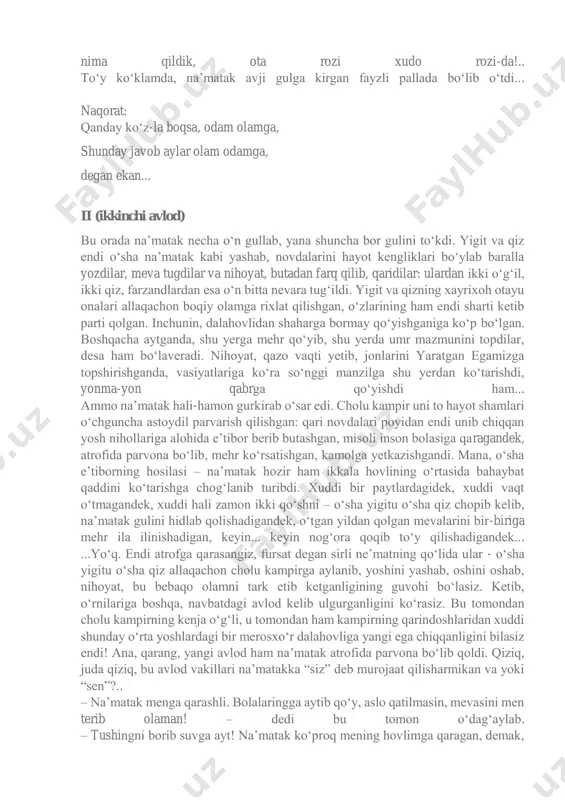 ichkarida qoldirib, shaharga qaytdi... dam olish kuni har galgidek ikkala oila jamoasi jam bo‘ldi. yigit idishdagi na’matakka bir qur ko‘z tashlab olgach, “qizni mot qilaman” degan o‘yga cho‘mgan ko‘yi labida nimtabassum bilan chelakni ko‘targancha qo‘shninikiga chiqib ketayotgandi, yo‘lakda xuddi shunday yelim paqircha ushlab olgan alpozda shitob kirib kelayotgan qizga ro‘baro‘ kelib qoldi. – assalumu alaykum!.. – vaalaykum assalom! xush kelibsiz, qo‘shnijon!.. – xushvaqt bo‘ling!.. mana, dangasa qizning sizga va’da qilgani! – qiz chelakni yigitga uzatdi. yigit chelakka qarab qotib qoldi: na’matak! shu asno qizning ham nigohi yigitning paqiriga tushdi va u ham kutilmagan manzaradan chunon ajablandi. so‘ng ikkalasi qo‘llaridagini yerga qo‘yib, baravariga na’matak tomon chopib ketishdi... kelib qarashsa, buta shoxida barglar panasidagi yakkam-dukkamini aytmasa, “ana, na’matak!” degulik dadil mevasi qolmagan: ma’lum bo‘lishicha, yigit o‘zlari tomondagisini qiz uchun, qiz esa o‘z hovlilariga egilgan qismini yigit uchun terib, bir-birlariga tutgan ekan. faqat qiz ertalab tergan esa, o‘sha kuni kechda, shom qorong‘isida yigit …