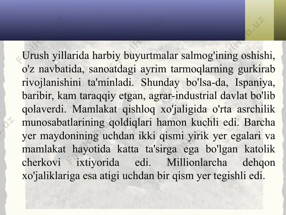 lotda sarmoyadorlar, cherkov va harbiy doiralar bilan hamkorlik qilayotgan katta yer egalari yetakchilik qilardilar. bu tashkilotni ayni paytda dehqonlarning o'ziga to'q qismi ham qo'llab-quvvatlay boshladi. fashistlar esa 1933-yilda «ispan falangasi» deb atalgan partiya tuzdilar. 1936-yil 16-fevralda parlamentga bo'lib o'tgan saylovda xalq fronti g'alaba qozondi. xalq fronti hukumati o'z va'dalarini bajarishga kirishdi. ular mamlakatda harbiy to'ntarish o'tkazishga tayyorgarlik ko'rdilar. gitler va mussolini ularni qo'llab-quvvatlashga va'da berdilar. 1936-yilning 17-iyul kuni harbiylar marokashda isyon boshladilar. 18-iyulda isyon ispaniya hududiga ko'chdi. shu tariqa, ispaniyada fuqarolar urushi boshlandi. armiyaning 80 foizi isyonchi fashistlar tarafiga o’tdi. isyonga general f. franko (1892—1975) rahbarlik qildi. 1936-yil sentabrda isyonchi fashistlar mamlakat poytaxti madridga hujum boshladilar. fashistlar harbiy aslaha sifati va miqdori jihatidan katta ustunlikka ega edi. respublikachilar ularga qarshi mardonavor jang qildilar. biroq kuchlar teng emas edi. fashizm g'alaba qozondi. 1939-yil 28-martda madrid egallandi. g'arb davlatlari f. franko hukumatini darhol tan oldilar. shtatlar monopoliyalari 35 mlrd. dollar miqdorida sof …