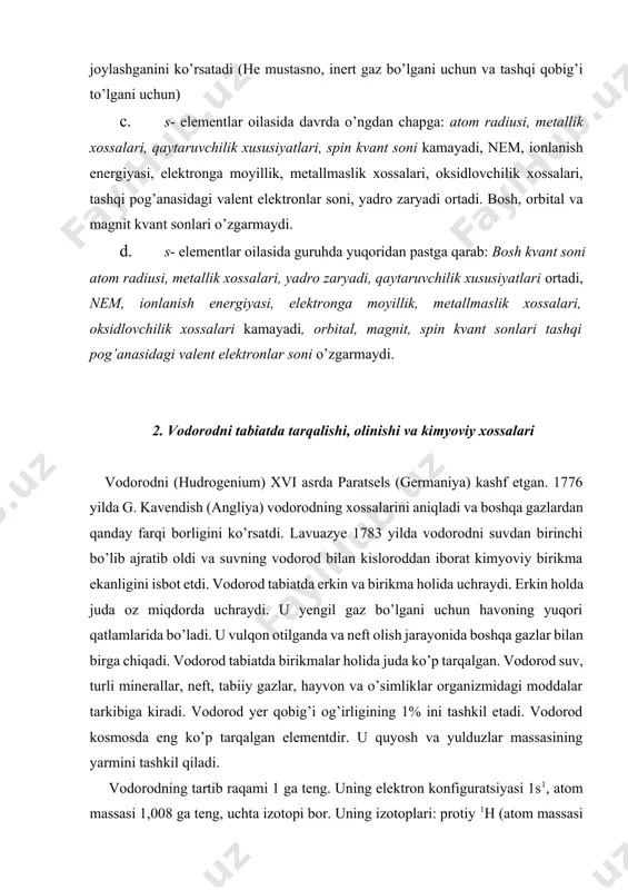 g oksidlari me2o gidridlari meh gidroksidlari esa meoh formula bilan ifodalanadi. metallar orasida ishqoriy metallar eng yuqori kimyoviy faollikni namoyon qiladilar, ular metallarning elektrokimyoviy kuchlanish qatorida qatorning boshlanishida joylashadilar. ishqoriy metallarning aksariyat tuzlari suvda yaxshi eriydi, ulardan natriy va kaliy muhim ahamiyatga ega. ishqoriy metallarning ayrim xossalari bu guruh metallarining oksidlari (o’zlari xam) suvda yaxshi erib o’yuvchi moddalar ishqorlarni hosil qilgani uchun ishqoriy metallar deyiladi. ularning ichida eng kuchlisi (aktivi) fransiy bo’lib, undan keyin seziy turadi. litiy (li), oq yaltiroq, yumshoq metall. u eng engil metall va tabiatda turli alyumosilikatli mineral - liai(sio3)2 (spodumen), fosfatli mineral - liai(po4)f (amblikonit) xolida uchraydi. olinishi: litiy asosan lici - kci evtektik aralashmasini elektroliz qilish bilan olinadi: 2licl → 2li + cl2. oddiy moddasi: litiy kimyoviy jixatdan ancha aktiv metall. xona haroratida xavodagi azot va kislorod bilan ta’sirlashadi va reaksiya maxsuloti sifatida kulrang - li2o va oq rangli li3n hosil bo’ladi. xavoda 2000c dan …