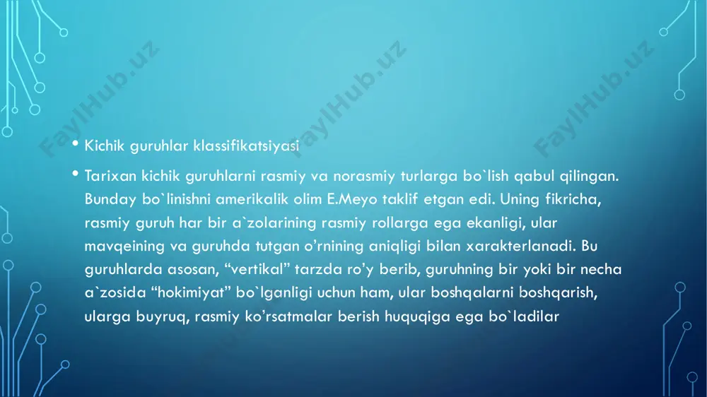 bo`lar ekan. shunday shaxslar guruhi referent guruh nomini oldi. • . o`quvchi uchun bunday guruh rolini maktabdagi bir necha o’qituvchilar, otasi yoki onasi, yaqin do’sti yoki qarindoshlaridan kimdir o’ynashi mumkin. shunisi xarakterliki, shaxs doimo shu guruhga ergashadi, uni qadrlaydi, u bilan muloqotda bo`lishga intiladi. rus psixologlari bu guruhni odatda shaxs uchun mavjud haqiqiy guruh (a`zolik guruhi) tarkibidagi yoki unga qarshi bo`lgan guruh sifatida qaraydilar. nima bo`lganda ham ana shunday guruhning mavjudligi shaxs uchun ahamiyatli bo`lib, uning xulq-atvori uchun etalon hisoblanadi. kichik guruhlar referent noreferent tabiiy kuchli rivojlangan kuchsiz rivojlangan formal noformal korporatsiyasi jamoa kichik guruhlardagi dinamik jarayonlar • ma`lumki, guruhda to’plangan kishilar o’rtasida doimiy muloqot va munosabatlar mavjud bo`ladiki, ularning mazmuni va yo`nalishiga ko’ra, o`ziga xos sotsialpsixologik muhit shakllanadi. bu muhit guruhning taraqqiyotini ham, undagi turli jarayonlarni ham belgilaydi. guruhning dinamik jarayonlari deganda avvalo uning shakllanish jarayoni, liderlik va guruhda turli qarorlarni qabul qilish jarayoni, guruhning har bir shaxsga ta`siri …