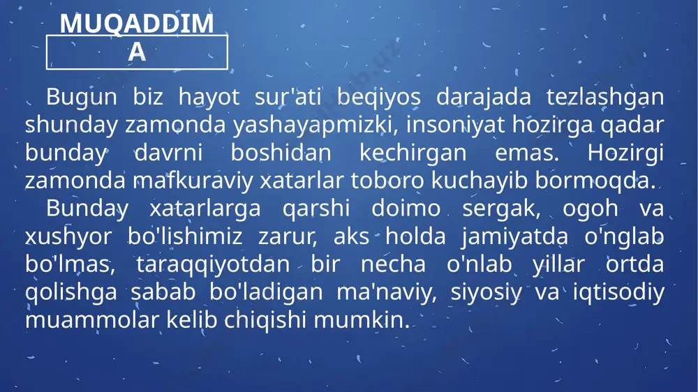 nosabatlarini izdan chiqarish va shaxs muomalasini buzishga qaratiladi. zararli xulq-atvor, nosog‘lom axloqiy munosabat va qo‘pol muomala shaxsning xulqi zaifligidan dalolat beradi. asosiy e’tibor shaxsga noto‘g‘ri ma’lumot berish, shaxs ilimini primitlashtirish va shaxs faoliyatini zaiflashtirishga qaratiladi. noto‘g‘ri ma’lumotga ega bo‘lish, sayoz bilimlilik va samarasiz faoliyat shaxsning madaniy oqsoqligidan dalolatdir. ozod va obod vatan, erkin va farovon hayot barpo etish yo‘lida ildamlab borayotgan mustaqil o‘zbekiston tarixan juda qisqa davrda ulkan yutuqlarga erishdi va erishmoqda. milliy ma’naviyatimiz va qadriyatlarimiz tiklandi, milliy o‘zligimizga qaytdik. tinchlik va barqarorlik kundalik hayotimizning uzviy qismiga aylandi. ayni paytda, osuda hayotimizni izdan chiqarishga urinayotgan yovuz kuchlarning mavjudligini ham qayd etish lozim. shu nuqtai nazardan qaraganda, tinchlikni asrash, uni asrab-avaylash bugungi kunda ham dolzarb ahamiyat kasb etadi. bugungi kunda ko‘zga ko‘rinmaydigan inson uchun nihoyatda xatarli bo‘lgan ma’naviy taxdidlardan yana biri beparvolik, loqaydlik va ilmsizlikdir. jamiyatda beparvo, loqayd kimsalar borligining o‘ziyoq taraqqiyotga jiddiy xavf soladi. birgina misol, yurtimiz go‘shalaridan oqib o‘tayotgan …