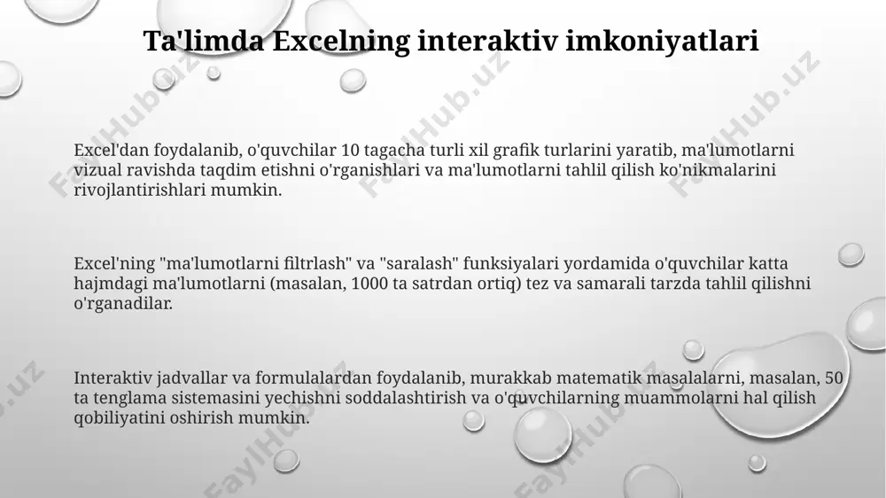 haklida vizualizatsiya qilish, 5-10 ball oralig'idagi o'rtacha ko'rsatkichlarni aniqlash va tahlil qilish mumkin. o'quv jarayonida excel funksiyalari, masalan, vlookup yoki sumif kabi funksiyalarni qo'llab, murakkab hisob-kitoblarni avtomatlashtirish va 30% ga yaqin vaqtni tejash mumkin. excel yordamida test va nazorat ishlarini yaratish bir nechta varaqlardan foydalanib, har bir fan bo'yicha alohida testlar yaratish va umumiy natijalarni hisoblash uchun maxsus formulalar yordamida (sum, average) yakuniy hisobot yaratish mumkin, bu esa 100 talabaga qadar natijalarni tezkor tahlil qilish imkonini beradi. excelda shartli formatlash vositalaridan foydalanib, to'g'ri va noto'g'ri javoblarni ranglar yoki shartli belgilar bilan ajratib ko'rsatish orqali talabalar uchun test natijalarini aniq va tushunarli qilish mumkin. masalan, to'g'ri javoblarni yashil, noto'g'ri javoblarni qizil rang bilan belgilash. excel yordamida koʻp tanlovli testlar yaratishda formulalar (masalan, countif funksiyasi) yordamida javoblarni avtomatik tekshirish va natijalarni hisoblash mumkin, bu esa vaqtni tejaydi va xatoliklarni kamaytiradi. excel jadvallari bilan ishlashning asosiy tamoyillari jadval dizaynini formatlash vositalari yordamida vizual …