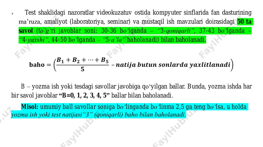 kredit miqdori; b – talabaning fandan olgan bahosiga nisbatdan “b=0, 3, 4, 5” qiymatlarni qabul qiladi; agar siz fandan “qoniqarsiz” (“2”) baho olsangiz unda b ning qiymati nol “0” ga teng bo‘ladi. hurmatli talabalar! yuqoridagi eslatmalardan kelib chiqqan holda, sizga o‘qitilayotgan fanlar bo‘yicha ma’ruza, amaliyot (seminar, laboratoriya) mashg‘ulotlarida faol ishtirok etib, professor-o‘qituvchilar tomonidan berilgan topshiriqlarni va mustaqil ishlarni o‘z vaqtida to‘liq bajarib borishlaringizni, o‘z ustingizda muntazam ishlab yetuk kadr bo‘lib yetishishga intilishlaringizni so‘raymiz. sharof rashidov nomidagi samarqand davlat universiteti rahbariyati hemis platformasida talabalarni mt, df ni baholash tartibi. o‘zbekiston respublikasi oliy ta’lim, fan va innovatsiyalar vazirligi sharof rashidov nomidagi samarqand davlat universiteti talabalar bilimini baholashda hemis axbort tizimida 5 baholik baholash meyorlari haqida qisqacha ma’lumot dekan rolida ta’lim yo‘nalishining o‘quv rejasini shakllantirish namunasi, baholash turini tanlayotganda 5 baholik baholash tizimini tanlash lozim! dekan rolida ta’lim yo‘nalishining o‘quv rejasidagi fan sillabusini yaratayotganda reytining taqsimlash blogini namunadagidek to‘ldirilishi lozim, baholash turini tanlayotganda …