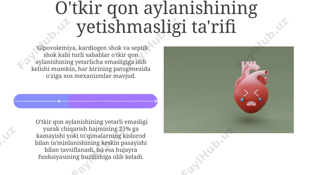 n keyin yuzaga keladigan, yurak faoliyatini qo'llab-quvvatlashga, qon aylanishini tiklashga va to'qimalarga kislorod yetkazib berishni yaxshilashga qaratilgan bo'lib, ko'pincha intubasiya va mexanik shamollatishni talab qiladi. kardiogen shok yurak chiqarish hajmining 40% dan ortiq pasayishi bilan tavsiflanadi va to'qimalarga kislorod yetkazib berishning keskin kamayishiga olib keladi, bu esa ko'p organ yetishmovchiligiga olib kelishi mumkin. e'tiboringiz uchun rahmat @taqdimot_robot image4.jpg image5.jpg image6.jpg image7.jpg image8.jpg image9.jpg image10.jpg image11.jpg image12.jpg image13.jpg image14.jpg image15.jpg image16.jpg image17.jpg image1.jpeg image2.jpeg image3.jpeg