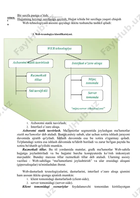 izmatidir. www (world wibe web) - bu qanaqadir internetdan ajratilgan ma'lum bir joy emas, kompyuter aloqa o’rnatadigan biror nima ham emas. butunjahon o’rgimchak to’rini internet doirasidagi xizmat deyish to’g’riroq. web-serverlar deb ataluvchi ma'lum protokollardan, kompyuterlardan foydalanish orqali (chunki ular tarmoqqa ulangan va server dasturiy ta'minotiga ega) internet xizmati yo’lga qo’yiladi. kompyuter web-server bo’lishi uchun internetga ulangan va server dasturiy ta'minoti (dt) ga ega bo’lishi etarli. bu dt bilan windows, mac os, unix kabi operatsion sistemalar ta'minlay oladi. web-server har doim internetda “o’tiradi” va talab qilingan tomonga kerakli informatsiyani jo’natadi. webda hujjatlar bilan ishlash mumkin. quyida ulardan ba’zi birlari bilan tanishib chiqamiz. hujjatlar bilan ishlashni tezlashtirish hujjatlar bilan ishlashni tezlashtirish maqsadida webda ma'lum buyruqlar mavjud. www buyruqlar ro’yxati quyidagilardir: bir saxifa pastga o’tish; return t u hujjatning keyingi saxifasiga qaytish; hujjat ichida bir saxifaga yuqori chiqish3. web-texnologiya klassifikatsiyasi. web-tehnologiyani asosini quyidagi ikkita tushuncha tashkil qiladi: 1. axborotni statik tasvirlash; 2. interfaol …