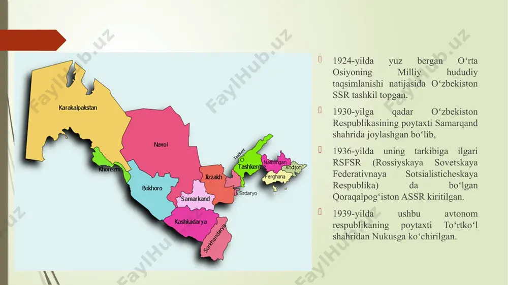 14 ta mintaqa hududida 11838 ta qishloq aholi punktlari mavjud, 1464 ta qishloq fuqarolik kengashlari va 7801 ta mahalla yigʻinlaridan iborat. oʻzbekiston respublikasidagi mavjud ma’muriy-hududiy birliklarni ierarxiya tizimiga koʻra 3 boʻgʻinga ajratish mumkin: yuqori boʻgʻin - toshkent shahri, 12 viloyat va qoraqalpogʻiston respublikasi; oʻrta boʻgʻin - viloyatga boʻysunuvchi shaharlar, qishloq va shahar tumanlari; quyi boʻgʻin - tumanga boʻysunuvchi shaharlar, shaharchalar, qishloq fuqarolik kengashlari va mahalla yigʻinlari. resurslar resurs soʻzi fransuzcha boʻlib “yashash vositasi” degan maʻnoni anglatadi. tabiiy resurslar insonlarning yashashi uchun zarur boʻlgan asosiy manbadir. tabiiy resurslar quyidagi turlarga boʻlinadi: 1.qazilma boyliklar; 2.iqlim resurslari; 3.suv va havo resurslari; 4.tuproq resurslari; 5.oʻsimlik resurslari (flora); 6.fauna (biror joy mamlakat yoki geologik davrga oid boʻlgan hamma hayvonlar) resurslari; 7. atom resurslari; 8.biosfera resurslari; 9.kosmik resurslar; respublikamiz yillik yuza suv resurslari 99,5 km3 ga teng boʻlib uning faqat 12,2 km3 qismi shu oʻlka territoriyasida hosil boʻladi. mamlakatimiz yoqilgʻi energetik salohiyatida esa navoiy, buxoro, qashqadaryo, …