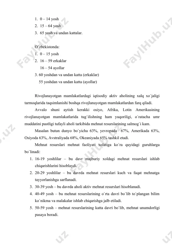 a iqtisodiy tarmoqlari bo`yicha aholi bandligi. 1. sanoatda – 12,7%; 2. qishloq va o`rmon xo`jaligida 33,5%; 3. transport va aloqada 4,3%; 4. қurilishda 7,7%; 5. savdo umumiy ovqatlanish, moddiy texnika xizmati 8,5%; 6. kommunal xo`jalik, maishiy xizmatda 2,9%; 7. sog`liqni saqlash, jismoniy madaniyat, ijtimoiy ta`limotda 6,6%; 8. xalq ta`limi, madaniyat va san`at, fan 12,8%; 9. kredit, moliya va sug`urtada 0,6%; 10. tashkilot boshqarmalarida 1,5%; 11. boshqa sohalarda 8,9%. o`zbekiston aholisining yosh tarkibi. 1. 0-15 yoshlilar 38%; 2. 16-59 yoshli erkaklar, 16-54 yoshli ayollar 54%; 3. 60 yoshdan katta erkaklar, 55 yosh va undan katta ayollar 8% tashkil qiladi. respublikamiz mehnat resurslarini (yoki iqtisodiy faol aholini) soni ko`p biroq ularning jami aholi tarkibidagi ulushi oz. buning sababi tug`ilish va tabiiy ko`payishning yuqoriligidadir. natijada “demografik yuk” yoki mehnatga layotqatsizlar nisbati o`ziga xos. masalan, agar baltika davlatlarida oilada 3 kishidan 2 kishi ishlasa, bizda aksincha 6 kishidan 2 yoki 3 kishi ishlashi mumkin. …