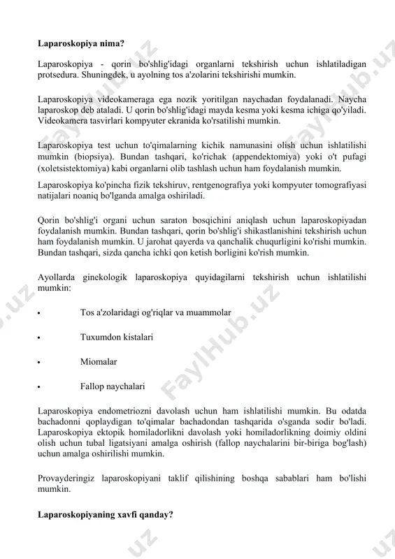 n asoratlar orasida kesilgan joydan qon ketishi, qorin bo'shlig'idagi organlarning shikastlanishi yoki qorin bo'shlig'idan boshqa joylarga karbonat angidrid gazining kirishi kiradi. ba'zida laparoskopiya tavsiya etilmaydi. bu sodir bo'lishi mumkin, agar siz: · qorin devoringizda rivojlangan saraton o'sishi bor · sizda uzoq muddatli (surunkali) sil kasalligi bormi · qondagi trombotsitlar sonining pastligi (trombotsitopeniya) kabi qon ketish muammosi bor. · boshqa operatsiyalardan ko'p chandiq to'qimalariga (yapishmalarga) ega bo'ling · qonni suyultiruvchi dorilarni qabul qilish sog'lig'ingizga qarab boshqa xavflar ham bo'lishi mumkin. jarayon oldidan har qanday tashvish haqida provayderingiz bilan gaplashishga ishonch hosil qiling. ba'zi sharoitlar laparoskopiyaning to'g'ri ishlashini to'xtatishi mumkin. bularga semirib ketish yoki qorin bo'shlig'ida qon ketish kiradi. laparoskopiyaga qanday tayyorgarlik ko'rish kerak? · shifokor sizga protsedurani tushuntiradi. unga har qanday savolingizni bering. · sizdan protseduraga ruxsat beruvchi rozilik shaklini imzolashingiz so'ralishi mumkin. shaklni diqqat bilan o'qing va biror narsa aniq bo'lmasa, savollar bering. · sizning provayderingiz sizning oldingi sog'lig'ingiz haqida …