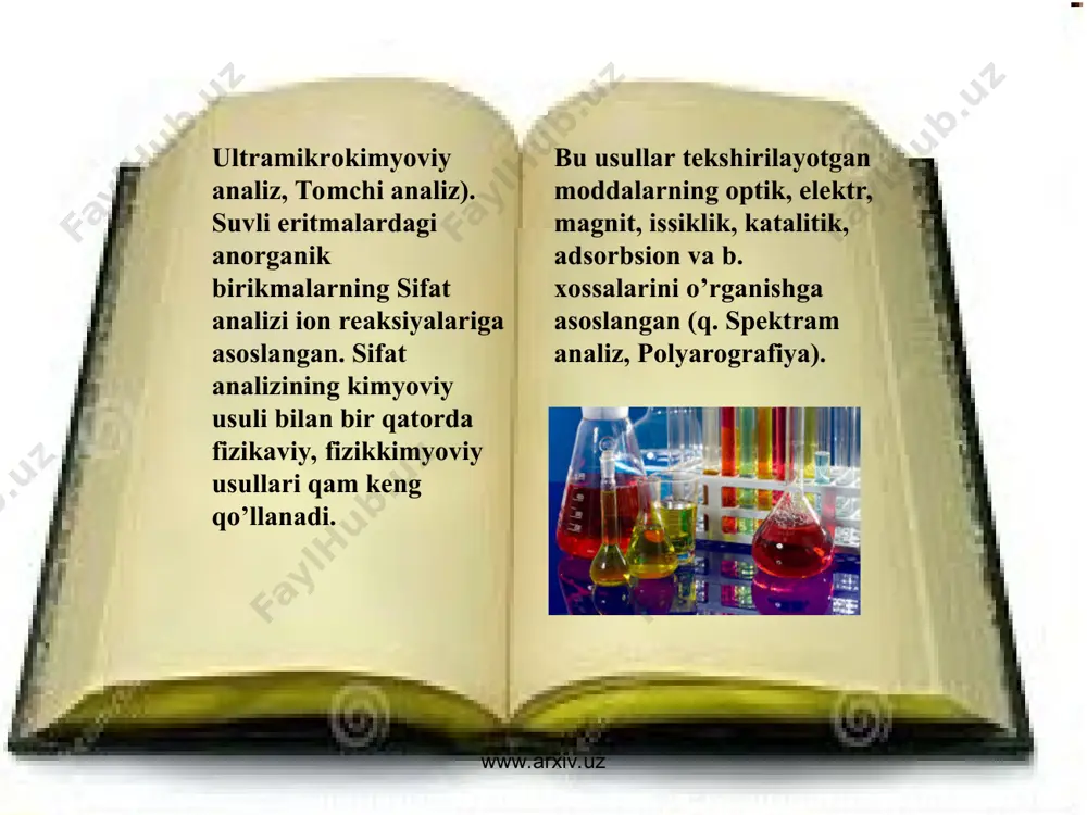 ki rangli cho`kmalar hosil bo`ladigan reaksiyalar qo`llaniladi. www.arxiv.uz www.arxiv.uz sifat analizida kation va anionlarning klassifikatsiyasi. kationlar klassifikatsiyasi. sifat analizida kationlarni klas-sifikatsiyalashning bir necha usullari (sxemalari) bor: vodorod sulfidli usul: bu metall sulfidlarining turlicha erishiga asoslangan. vodorod sulfidsiz usullar: a) kislota-ishqorli b) ammiak-fosfatli s) atsetat-amidli va hokazo. keyingi yillarda sifat analizida kislota-ishqorli usul qo`llanilmoqda. bu usul bo`yicha klassifikatsiyalashda kationlar 6 ta analitik guruhga bo`linadi. kationlarning kislota-asosli usul bo`yicha klassifikatsiyalash jadvali. www.arxiv.uz www.arxiv.uz ma'lumki, yer sharida okeanlar va materiklar turlicha taqsimlangan. jumladan, shimoliy yarimsharning 39% i, janubiy yarimsharning esa 19% i quruqlikdan iborat. agar globusni ko'proq materiklar hududiga to'g'rilansa, „materiklar yarimshari" hosil bo'ladi. ushbu yarimshardaquruqlik 53% maydonni egallaydi. shularga asoslanib, keyingi paytda olimlar „mate-riklar yarimshari"ni ajratishmoqda. www.arxiv.uz www.arxiv.uz ega + shall(will) + not + p.p. 3. future perfectning so'roq shakli shall yoki will ni egadan oldinga o'tkazish bilan yasaladi: shall(will)+ ega+ have+ p.p. kelasi tugallangan zamonning ishlatilishi. 1. future perfect kelasi zamondagi …