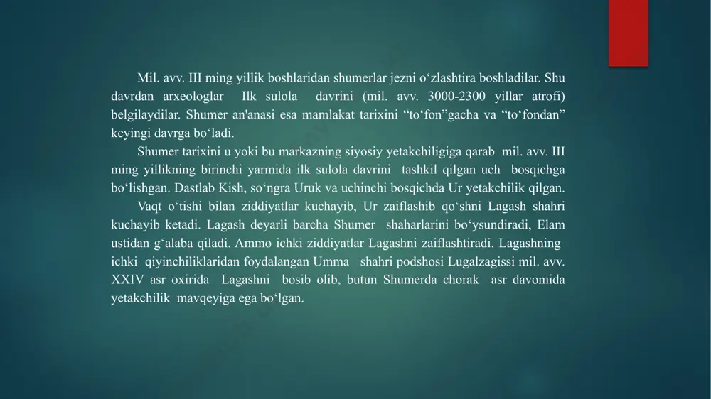 tegishli larsa va issin qonunlari parchalari, lipit-ishtar nomli hukmdorning kirish, xulosaning bir qismi va 40 ga yaqin qonun moddalari bizgacha yetib kelgan. eng katta qonunlar to‘plami 247 moddadan, asosiy qism va xulosadan iborat bo‘lgan hammurapi qonunlaridir. mil. avv. ii ming yillik o‘rtalariga oid osuriya yoki o‘rta osuriya qonunlari, yangi bobil podsholigiga oid 20 ga yaqin qonun moddalari bizgacha yetib kelgan. eng qadimgi diplomatik hujjatlardan ikki loy silindrga bitilgan mil. avv. xxiv asrga oid lagash va umma o‘rtasidagi chegara janjali to‘grisidagi yozuv bizgacha yetib kelgan. mil. avv. xxiii asrga oid akkad va elam davlatlari o‘rtasidagi shartnoma, mil. avv. ii ming yillik boshlariga oid mari podshosining bobil, suriya va finikiya bilan diplomatik yozishmalari matnlari topilgan. mil. avv. ii ming yillikda old osiyo, misr tarixi va xalqaro munosabatlar to‘g‘risida boy ma'lumot beradigan bosh manba misrdan topilgan tell-amarna arxividir. shumer shaharlari akkad, bobil va osuriya davlatlari podsholarining yozuvlari juda katta qimmatga ega. shunday yozuvlardan …