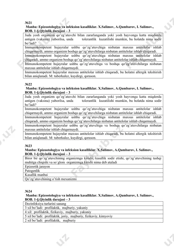 antitelolar ishlab chiqaradi, bu holatni serologik tek-shirish bilan aniqlanadi.m: kuydirgi,qorason,oqsil, pasterellez. immunokompetent hujayralar maxsus antitelolar ishlab chiqarmaydi, bu holatni allergik tekshirish bilan aniqlanadi. m: tuberkulez, kuydirgi, qorason. immunokompetent hujayralar maxsus antitelolar ishlab chiqaradi, bu holatni allergik tekshirish bilan aniqlanadi. m: tuberkulez, kuydirgi, qorason. immunokompetent hujayralar maxsus antitelolar ishlab chiqaradi, bu holatni allergik tekshirish bilan aniqlanadi. m: saqov, manqa, kuydirgi, brusellez. №21 manba: epizootologiya va infeksion kasalliklar. x.salimov, a.qambarov, i. salimov., bob. 1-§.qiyinlik darajasi – 3 juda yosh organizm qo’zg’atuvchi bilan zararlanganda yoki yosh hayvonga katta miqdorda antigen (vaksina) yuborilsa, unda tolerantlik kuzatilishi mumkin, bu holatda nima sodir bo’ladi? immunokompetent hujayralar ushbu qo’zg’atuvchiga nisbatan maxsus antitelolar ishlab chiqarmaydi, ammo organizm boshqa qo’zg’atuvchilarga nisbatan antitelolar ishlab chiqaradi. immunokompetent hujayralar ushbu qo’zg’atuvchiga nisbatan maxsus antitelolar ishlab chiqaradi, ammo organizm boshqa qo’zg’atuvchilarga nisbatan antitelolar ishlab chiqarmaydi. immunokompetent hujayralar ushbu qo’zg’atuvchiga va boshqa qo’zg’atuvchilarga nisbatan maxsus antitelolar ishlab chiqarmaydi. immunokompetent hujayralar maxsus antitelolar ishlab chiqaradi, …