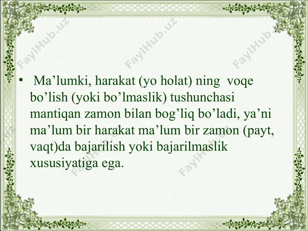 hunchasi "doimiy" yoki nisbiy bo’lishi mumkin; unda ma’lum bir muddat davom etgan konkret jarayon tushunchasi ham aks eta oladi. o’tgan zamonning bu turi birinchidan, -r(-ar) to’liqsiz fe’lini biriktirib tuslash orqali; ikkinchidan, -yotgan affiksli hozirgi zamon sifatdoshiga edi to’liqsiz fe’lini biriktirib tuslash orqali; uchinchidan, -moqda affiksli fe’l formasiga edi to’liqsiz fe’lini biriktirib tuslash orqali shallanadi. o’tgan zamon maqsad fe’li, birinchidan, -moqchi affiksli fe’l formasidan so’ng edi to’liqsiz fe’lini biriktirib tuslash orqali shakllanadi. bunday fe’l formalari. asosan, nutq so’zlanib turgan paytdan ilgari bajarilishi maqsad qilingan ish-harakat tushunchasini ifodalaydi, ammo gap mazmunidan uning voqe bo’lgan-bo’lmaganligi aniq ifodalanmaydi. ish-harakatning nutq so’zlanib turgan paytda bajarilayotgan (yoki bajarilmayotgan)ini ifodalaydigan fe’llar hozirgi zamon fe’li sanaladi. ular, birinchidan, -a(-y) affiksli ravishdoshlarni tuslash orqali; ikkinchidan, tarkibida –yap, -moqda, -yotib, -yotir affikslari qo’llangan fe’l formalarini tuslash orqali shakllanadi. murakkab fe’l tarkibida qo’llangan yot, o’tir, tur, yur ko’makchi fe’llarini tuslash orqali ham hozirgi zamon fe’li hosil bo’ladi. i. sh. kel-a-yotir-man, o’qi-(y)-yotir-man …