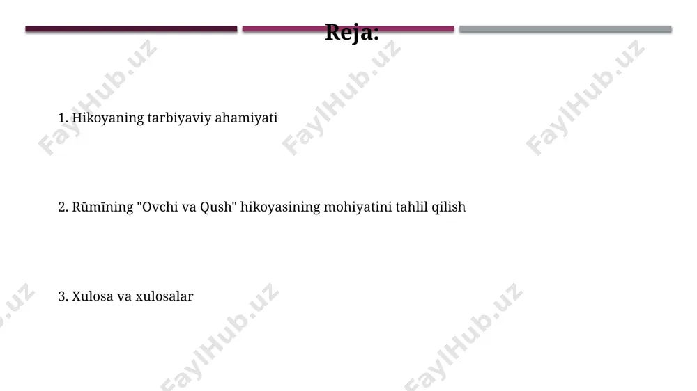 a – 70% xayrixohlik va 30% shafqatsizlikka boʻlinganligi tasvirlangan. hikoya, insonning oʻz xatolarini anglab yetgandan keyin 2 bosqichda – pushaymonlik va to'g'ri yo'lga qaytish orqali o'zgarishi mumkinligini ko'rsatadi. hikoyadagi asosiy obrazlar va ramziy maʼnolar hikoyada 2 ta asosiy muhit – qorong'i o'rmon (jaholat) va ochiq osmon (ma'rifat) qarama-qarshiligi orqali insonning ichki kurashi tasvirlangan. falkoning 7 ta parvozidan keyin erkinlikka chiqishi insonning ma'naviy taraqqiyoti va 7 bosqichli ma'rifiy yo'lni bosib o'tishini ifodalaydi. e'tiboringiz uchun rahmat @taqdimot_robot image1.jpg image2.jpg image3.jpg image4.jpg image5.jpg image6.jpg