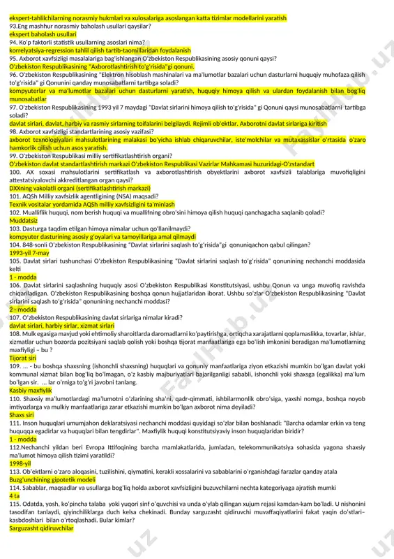 sh, ikkinchidan,himoyalanadigan axborotga ruxsatni cheklashni reglamentlash 37. dezinformatsiya bu ? axborotni himoyalash usuli, davlatning tashkilotning faoliyatiga tegishli bo‘lgan yolg‘on ma’lumotlarni tarqatish 38. kodlash bu ? axborotni himoyalash usuli,asosiy maqsadi raqibdan himoyalanadigan axborotni asosiy mazmunini kodlash orqali o‘zgartirish va aloqa kanallari orqali jo‘natish 39. shifrlash bu ? har xil radio uskunalari orqali xabarlarni uzatishda, yozma xabarlar jo'natishda va boshqa holatlarda raqib tomonidan ushbu xabarlarni ushlab qolish xavfi mavjud bo'lgan hollarda tez-tez ishlatiladigan axborotni himoya qilish usuli 40. axborot xavfsizligining asosiy yo'nalishlari ... axborotni huquqiy, tashkiliy va texnik jihatdan himoya qilish 41. axborotni xavfsizligi ... axborot xavfsizligini ta'minlashga qaratilgan chora-tadbirlar majmuasi 42. axborotni himoya qilish vositalari bular? jismoniy apparat, apparat, dasturiy ta'minot va kriptografik usullar 43. axborot xavfsizligi tushunchasi ... axborotni muhofaza qilishning mazmuni, maqsadlari, tamoyillari va tashkil etilishi bo'yicha nuqtai nazar 44. axborot xavfsizligining asosiy komponentlari: konfidentsiallik, mavjudlik va yaxlitlik 45. tahdid ... axloqiy yoki moddiy zararga olib keladigan potentsial yoki …