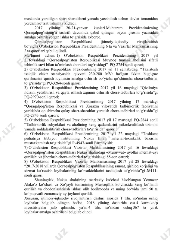 ilindi - mas’ul rahbarlarga mavjud xom ashyo salohiyati va sanoat quvvatlariga asoslangan qo‘shimcha qiymat zanjirlarini shakllantirish uchun optimal sharoit yaratishga qaratilgan tizimli chora-tadbirlarni ishlab chiqish topshirildi. shu nuqtai nazardan loyiha takliflarini ishlab chiqishda jalb qilingan investitsiyalardan sezilarli iqtisodiy samaraga erishish imkonini beradigan “iqtisodiy o‘sish nuqtalari”ni aniqlash va ulardan foydalanishning ahamiyati alohida ta’kidlandi. investitsiya jozibadorligi va ijtimoiy-iqtisodiy rivojlanishning asosiy omillaridan biri bo‘lgan infratuzilmani rivojlantirishga alohida e’tibor qaratildi. tegishli vazirlik va idoralar rahbarlariga infratuzilmaviy loyihalarni amalga oshirishni jadallashtirish va yangi loyiha takliflarini ishlab chiqish ishlarini muvofiqlashtirish topshirildi. shu bilan birga, aholi bandligini ta’minlash va mahalliy aholini jumladan, kasanachilik asosida sanoat kooperatsiyasini yo‘lga qo‘yish orqali barqaror daromad manbai bilan ta’minlash bo‘yicha tezkor chora-tadbirlar ko‘rish zarurligi ta’kidlandi. tashrif yakunlari bo‘yicha tegishli vazirlik, idora, tijorat banklari va mahalliy hokimliklar rahbarlariga tadbirkorlik faoliyatini kuchaytirish, tarmoqlararo hamkorlik aloqalarini rivojlantirish, eksport salohiyatini oshirish va qo‘shimcha ish o‘rinlari yaratishga qaratilgan aniq ko‘rsatmalar berildi. o‘zbekiston respublikasi prezidenti shavkat mirziyoyev joylarda …