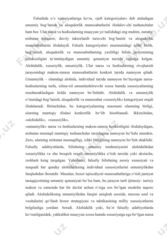riga o‘tish jamiyat taraqqiyotining umumiy qonuniyati bo‘lsa ham, bu jarayon turli ijtimoiy- tarixiy makon va zamonda har bir davlat uchun o‘ziga xos bo‘lgan modelni taqozo qiladi. alohidalikning umumiylikdan farqini aniqlash asosida, maxsus usul va vositalarini qo‘llash bozor strategiyasi va taktikasining milliy xususiyatlarini belgilashga yordam beradi. alohidalik yoki, ba’zi falsafiy adabiyotlarda ko‘rsatilganidek, yakkalikni muayyan xossa hamda xususiyatga ega bo‘lgan narsa va hodisalarning makon va zamondagi chegaralangan konkret holati, boshqacha aytganda, har qanday hodisa va narsaning ichki sifat muayyanligi, individualligi deyish mumkin. antik falsafada alohidalik kategoriyasining mazmuni muayyan turg‘unlikka ega bo‘lgan birlik sifatida qaralgan (aflotun, arastu). xegel, alohidalikni voqealarning zaruriy shakli, makon va zamondagi tafovutlarning namoyon bo‘lish momenti sifatida qaraydi. falsafada milliylik va umuminsoniylik masalasida alohidalikning umumiylikdan farqini mutlaqlashtirish natijasida muayyan qarashlar vujudga kelishi mumkin (bu haqda «osiyotsentrizm» va «yevropatsentrizm» to‘g‘risida eslash kifoya). vaholanki, umuminsoniyat sivilizatsiyasining tadrijiy rivojlanishida muayyan ichki birlik mavjud bo‘lib, madaniyat tarixida har bir xalq, millat o‘z o‘rni va …