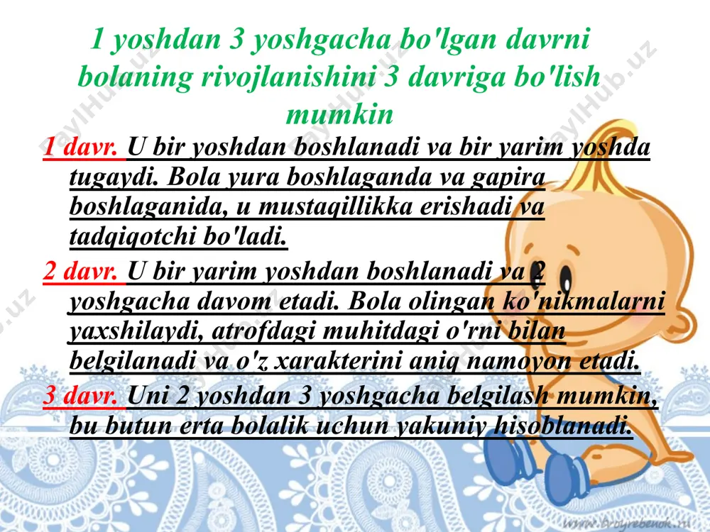 ashni shakllantirish bundan tashqari, bolada birlamchi o'zini o'zi qadrlash ham bor - bu nafaqat o'zining "men" ni, balki "men yaxshiman", "men juda yaxshiman", "men yaxshiman va boshqa emas" degan tushunchaga ega. o'z-o'zini hurmat qilishni shakllantirish bolalarda empatiya rivojlana boshlaydi - boshqa odamning hissiy holatini tushunish. bir yarim yoshli bolaning xafa bo'lgan odamni tasalli berishga intilishini kuzatish mumkin: uni quchoqlaydi, o'padi, unga o'yinchoq beradi va hokazo. empatiyani rivojlantirish mustaqillik taraqqiyoti qayd etilgan. "men o'zim" iborasi uning namoyon bo'lishini tasvirlashning eng yaxshi usuli hisoblanadi. bola har doim ham yordam berishni xohlamaydi. yurishni o'zlashtirib, u o'ziga to'siqlar, to'siqlarni topadi va ularni engishga harakat qiladi. bularning barchasi bolaga zavq bag'ishlaydi va unda iroda, matonat, qat'iyat, janjal kabi fazilatlar shakllana boshlaganidan dalolat beradi. mustaqillikning rivojlanishi bolada muvaffaqiyatga erishish kerak. bu ehtiyoj bosqichma-bosqich shakllantirilmoqda. birinchidan, bola o'zining muvaffaqiyatlari va muvaffaqiyatsizliklarini anglay boshlaydi, keyin u boshqa odamlarning muvaffaqiyatlari va muvaffaqiyatsizliklarini tushuntira oladi, keyin u vazifalarni qiyinchilik darajasiga …